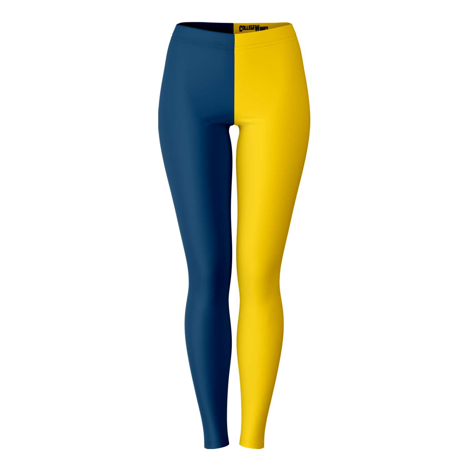 Front view of University of Michigan color leggings in maize and blue — bold Wolverine fanwear by CollegeWares.