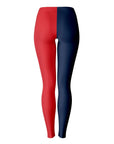 Back view of split red and navy University of Mississippi leggings — bold college fanwear from CollegeWares.