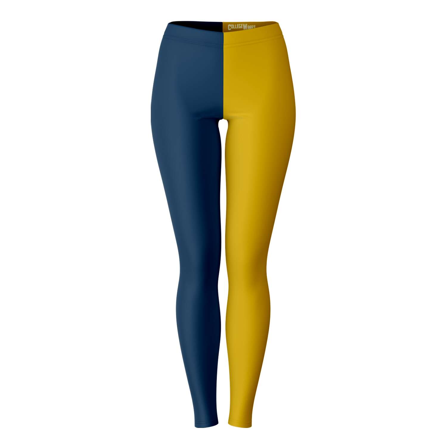 Front view of navy and gold University of Notre Dame leggings — split-leg fanwear from CollegeWares.
