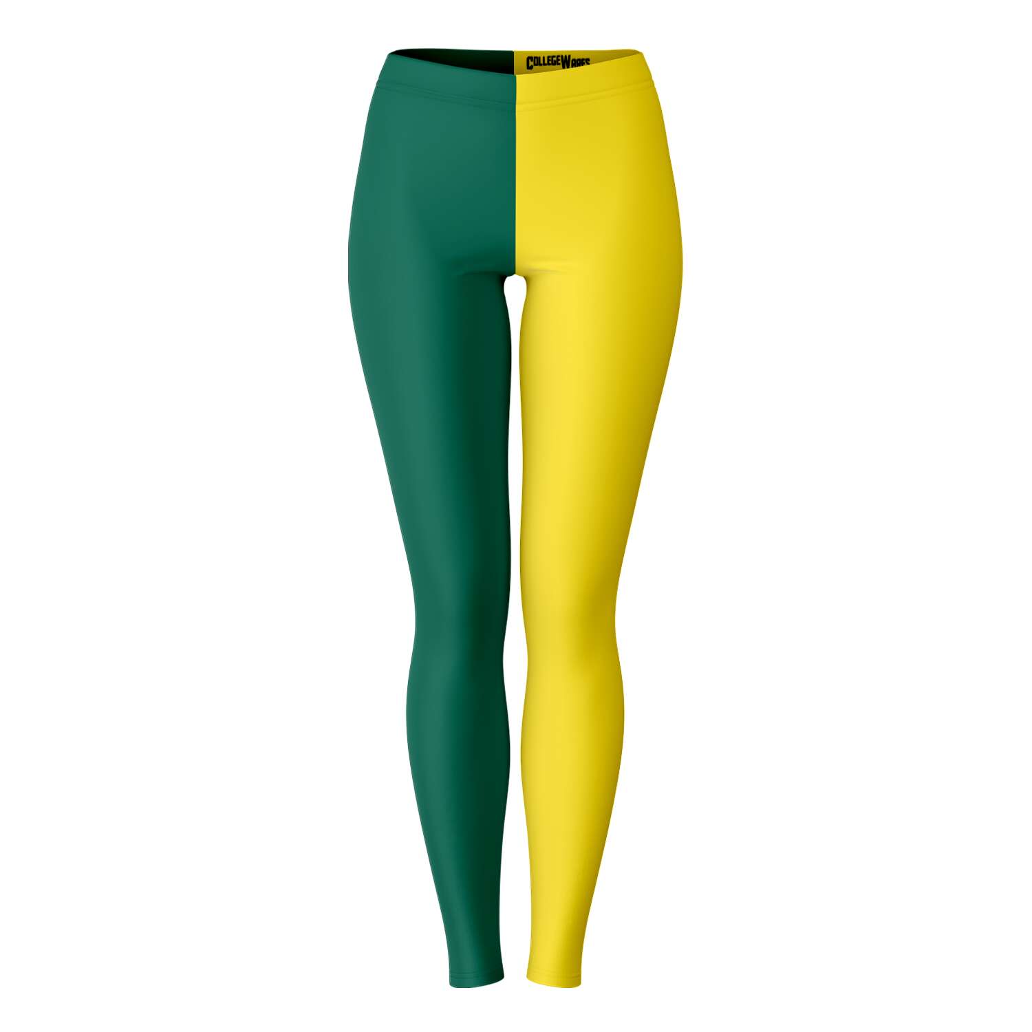 Front view of green and yellow University of Oregon color leggings — spirited Ducks fanwear by CollegeWares.