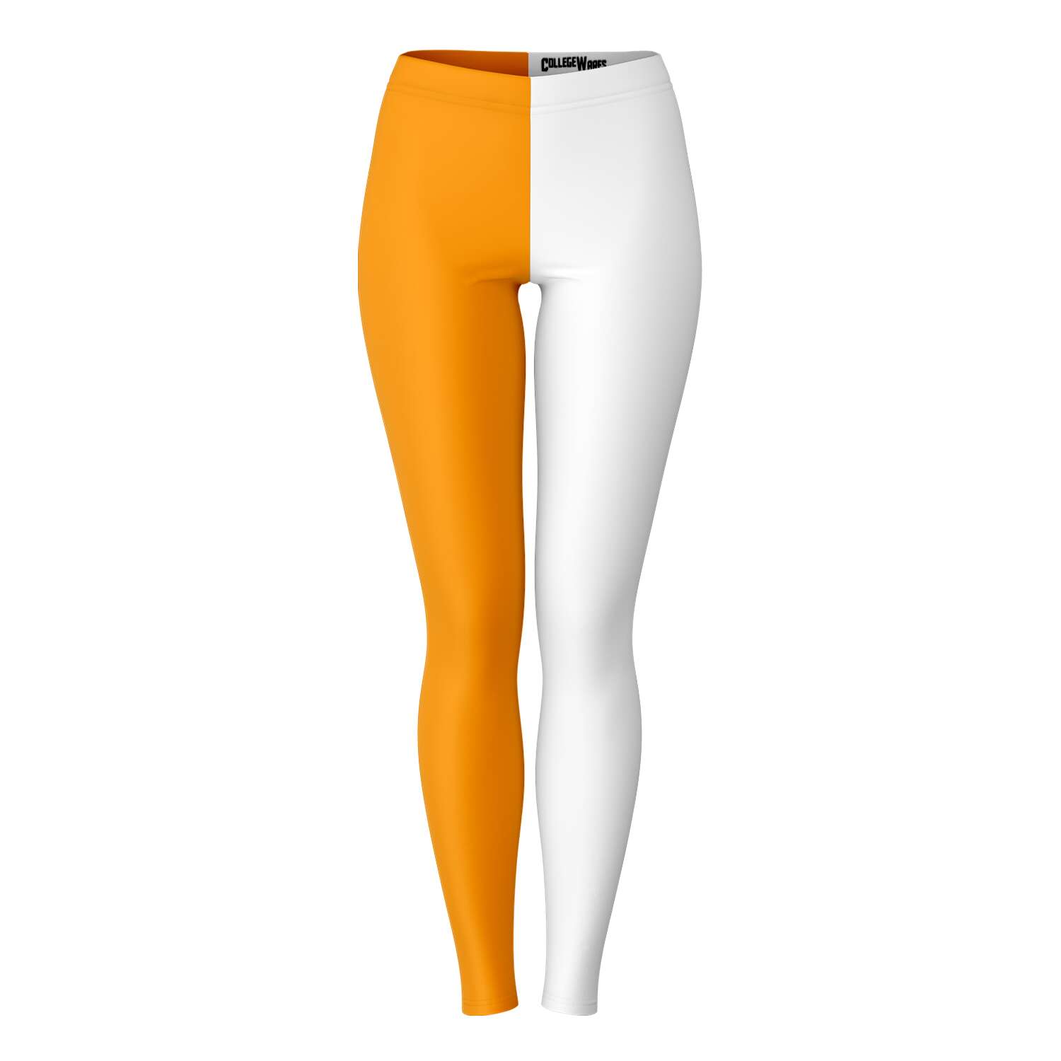 Front view of orange and white University of Tennessee color leggings with split design — spirited fanwear from CollegeWares.