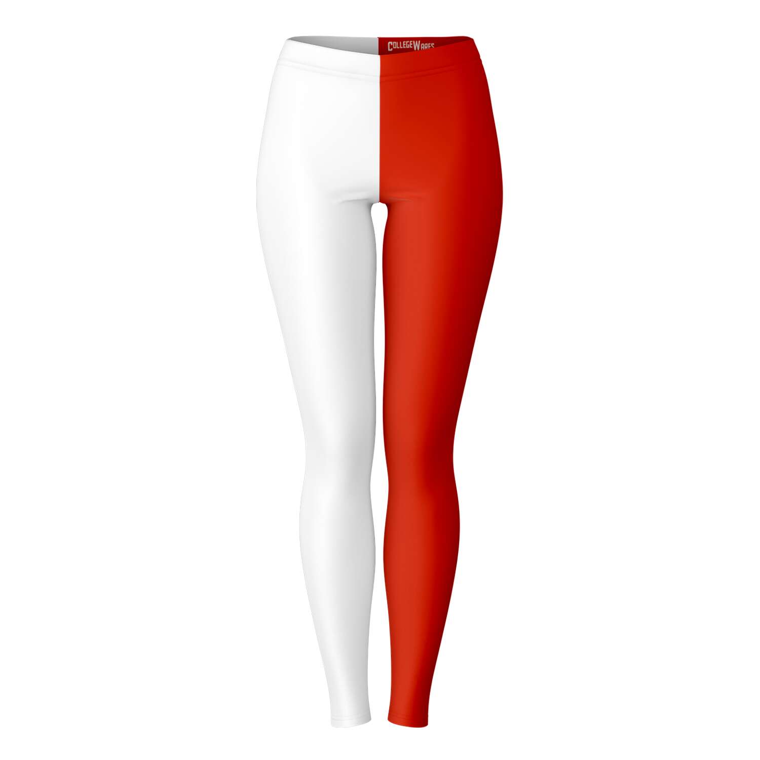 Front view of white and red University of Utah color leggings with split colorblock design — bold school spirit from CollegeWares.