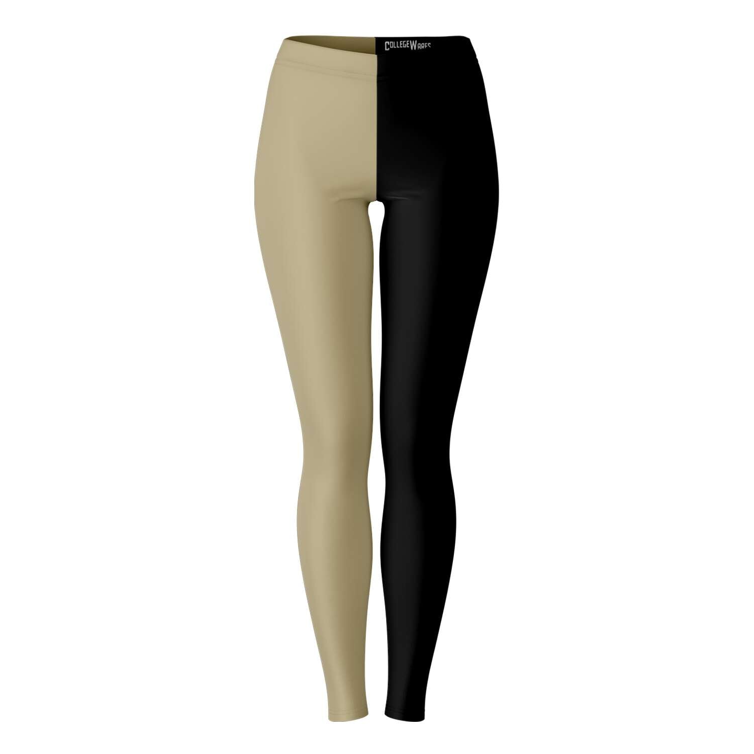Front view of gold and black Vanderbilt University color leggings with bold split-leg design — elite college fashion from CollegeWares.