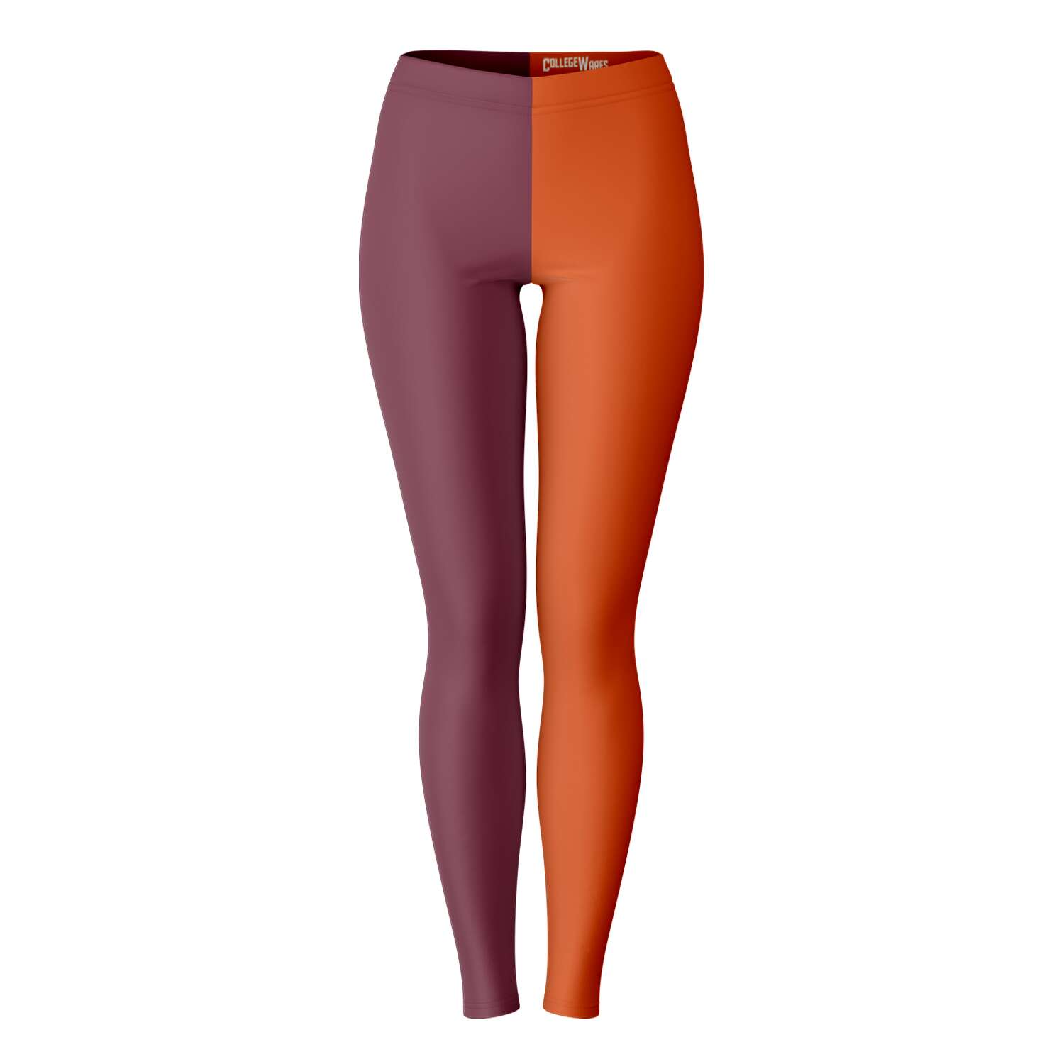 Front view of maroon and orange Virginia Tech color leggings with split-leg design — spirited Hokie fanwear from CollegeWares.