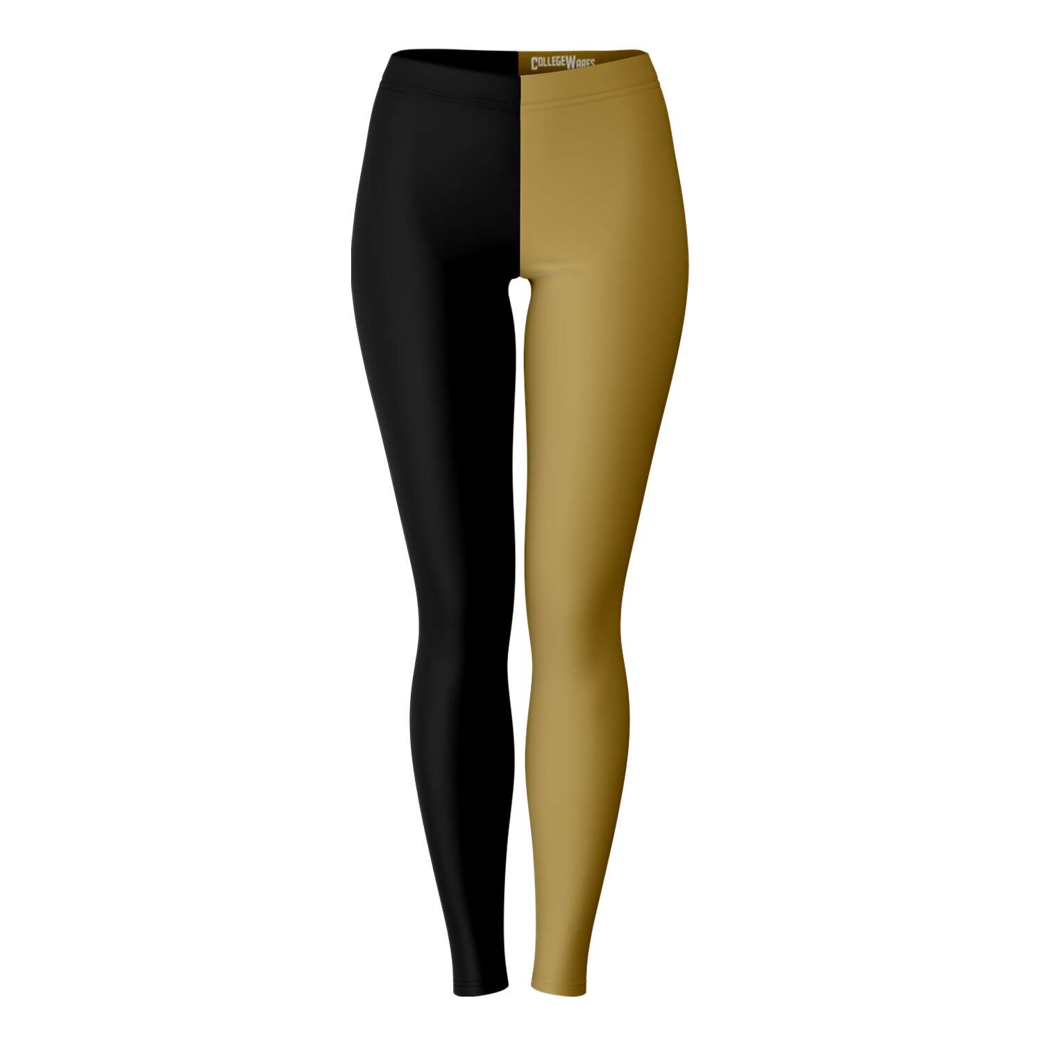 Front view of black and gold Wake Forest University color leggings with split-leg style — bold collegiate spirit from CollegeWares.
