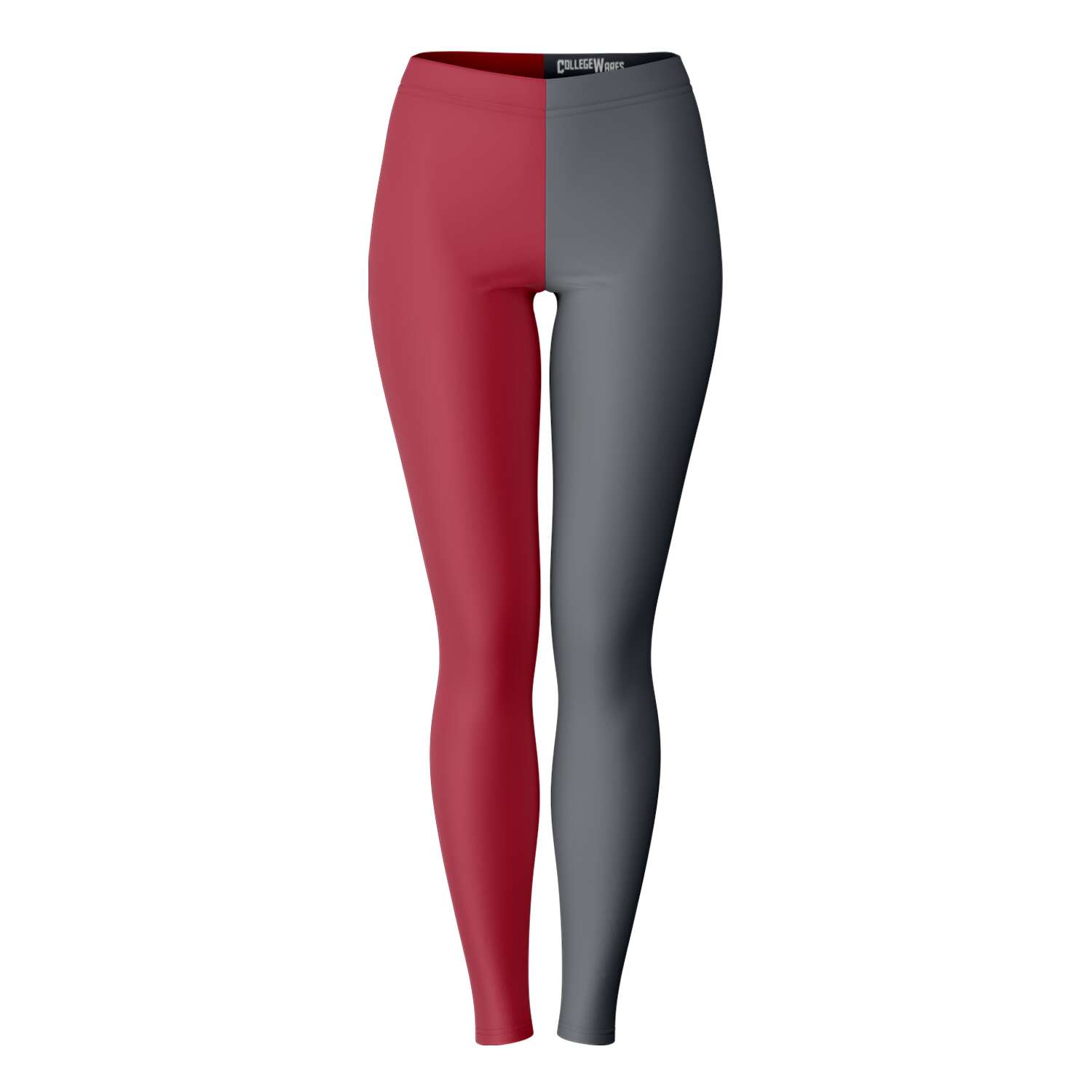 Front view of crimson and gray Washington State University color leggings with bold split-leg design — fierce fanwear from CollegeWares.