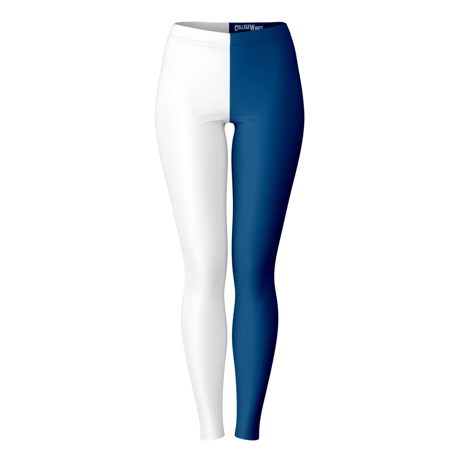 Front view of white and navy Yale University color leggings with bold split design — elite college fanwear from CollegeWares.