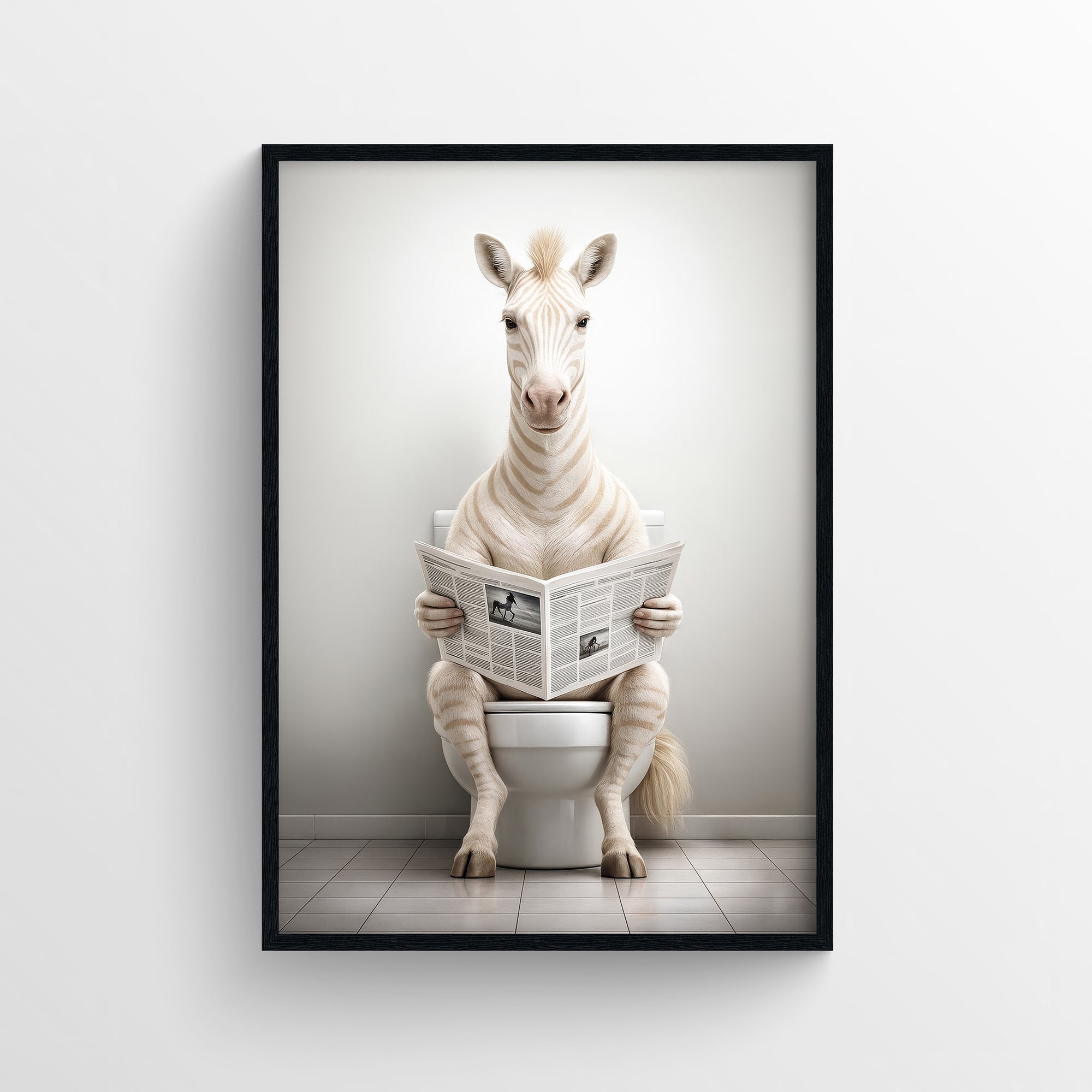 Photorealistic albino zebra sitting upright on a toilet while reading a newspaper in a minimalist bathroom — funny bathroom poster and modern animal wall art for apartments, dorms, and guest baths by CollegeWares.