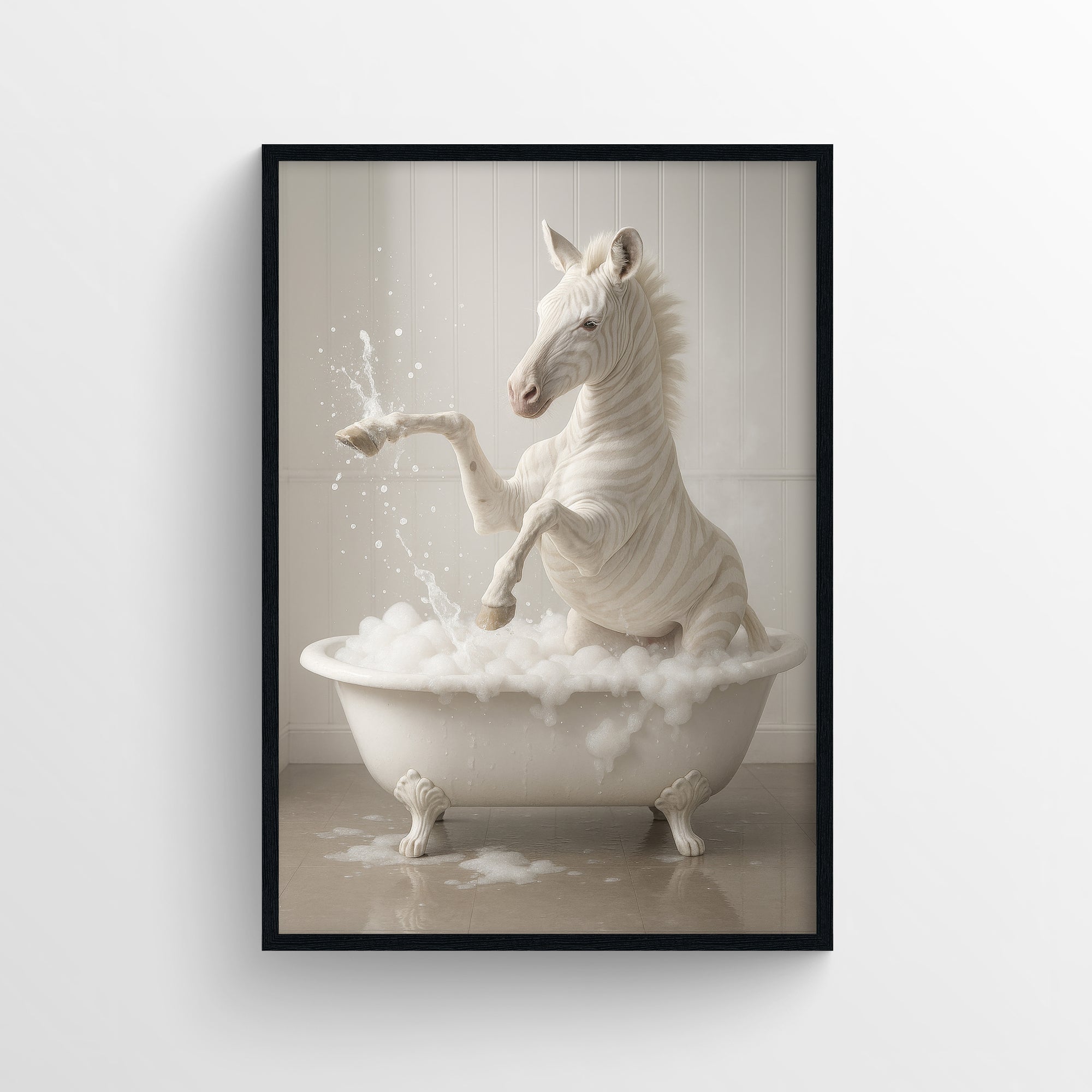 Photorealistic albino zebra standing in a clawfoot bathtub mid-splash, styled in a clean neutral bathroom — minimalist animal wall print and funny bathroom decor for apartments and rentals from CollegeWares.