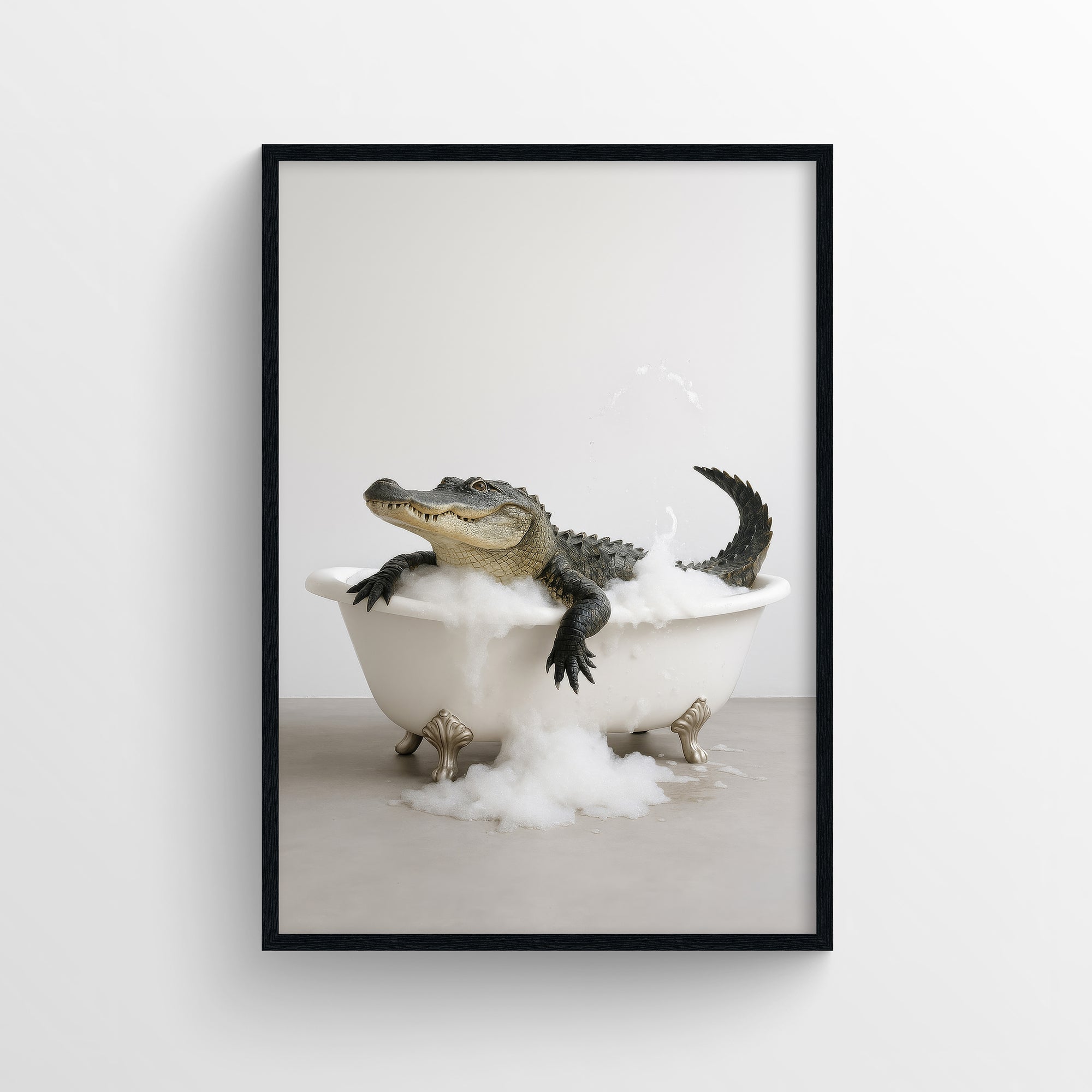 Photorealistic alligator stretched across a clawfoot bathtub filled with bubbles in a clean bathroom setting — modern animal wall art and funny bathroom poster for guest baths, apartments, and dorms by CollegeWares.