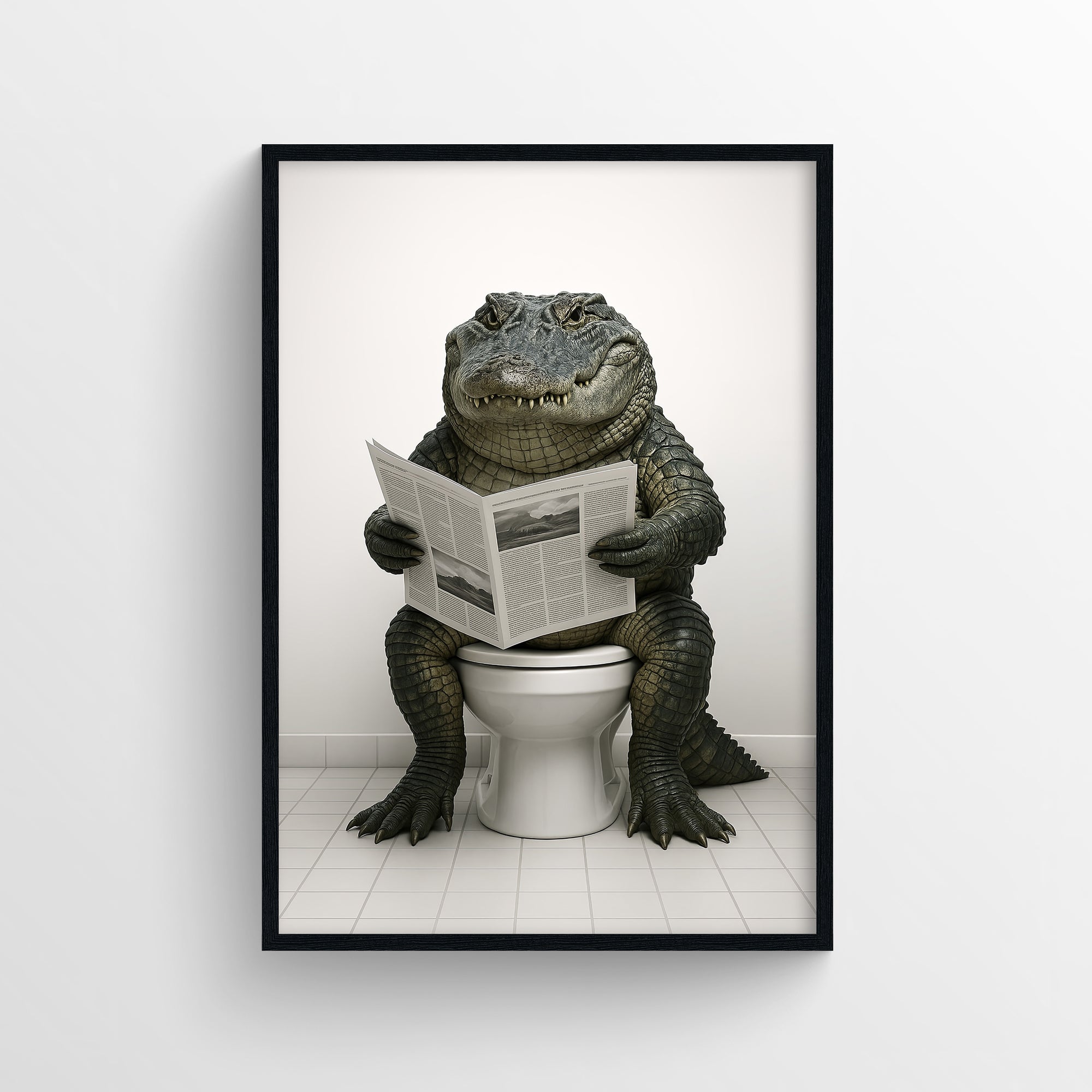 Photorealistic alligator seated on a toilet holding a newspaper in a simple tiled bathroom — understated funny bathroom wall art and animal print for apartments and guest bathrooms from CollegeWares.