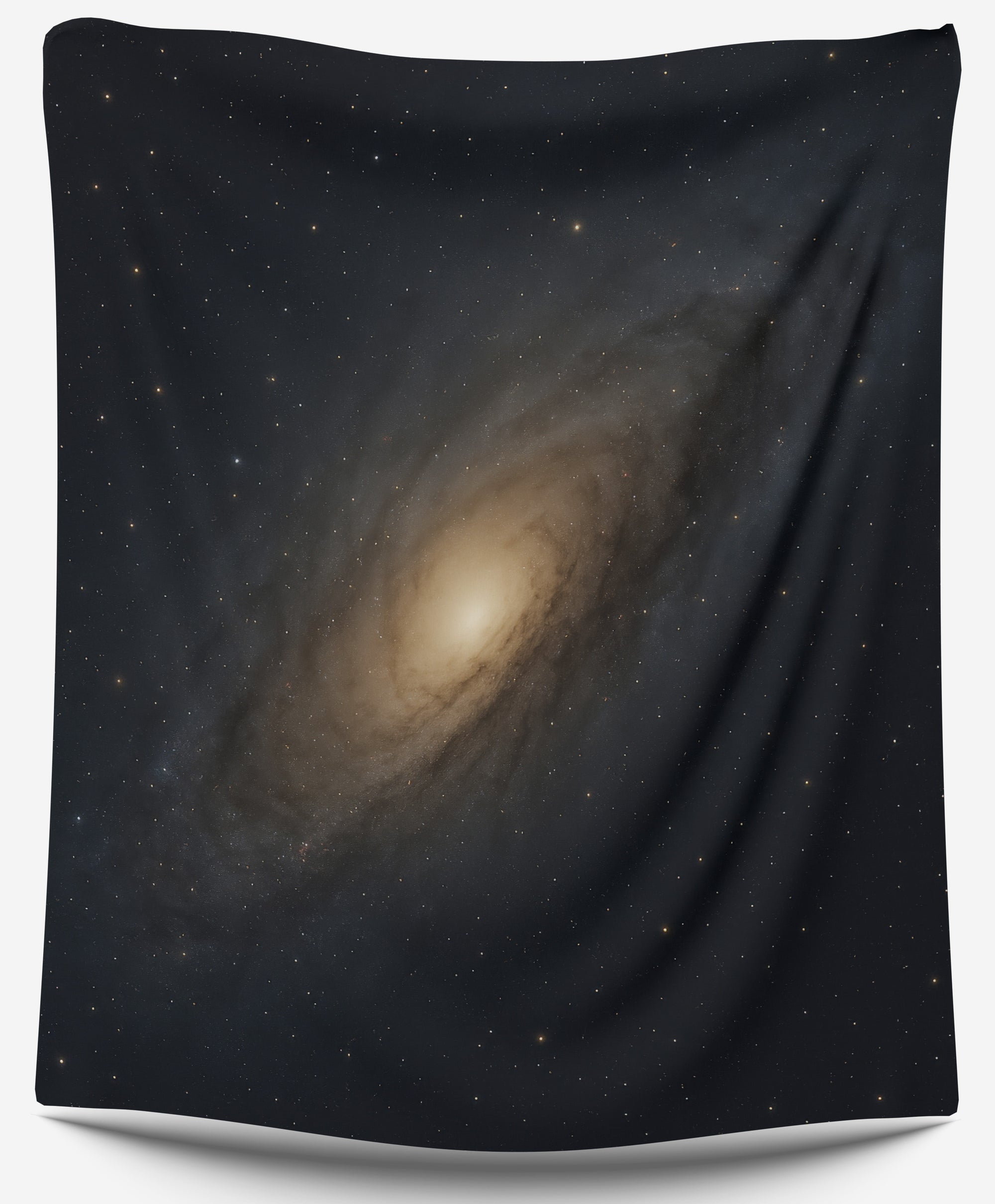 Golden spiral galaxy against dark starry background, detailed cosmic design perfect for galaxy dorm tapestry or space wall hanging by CollegeWares.