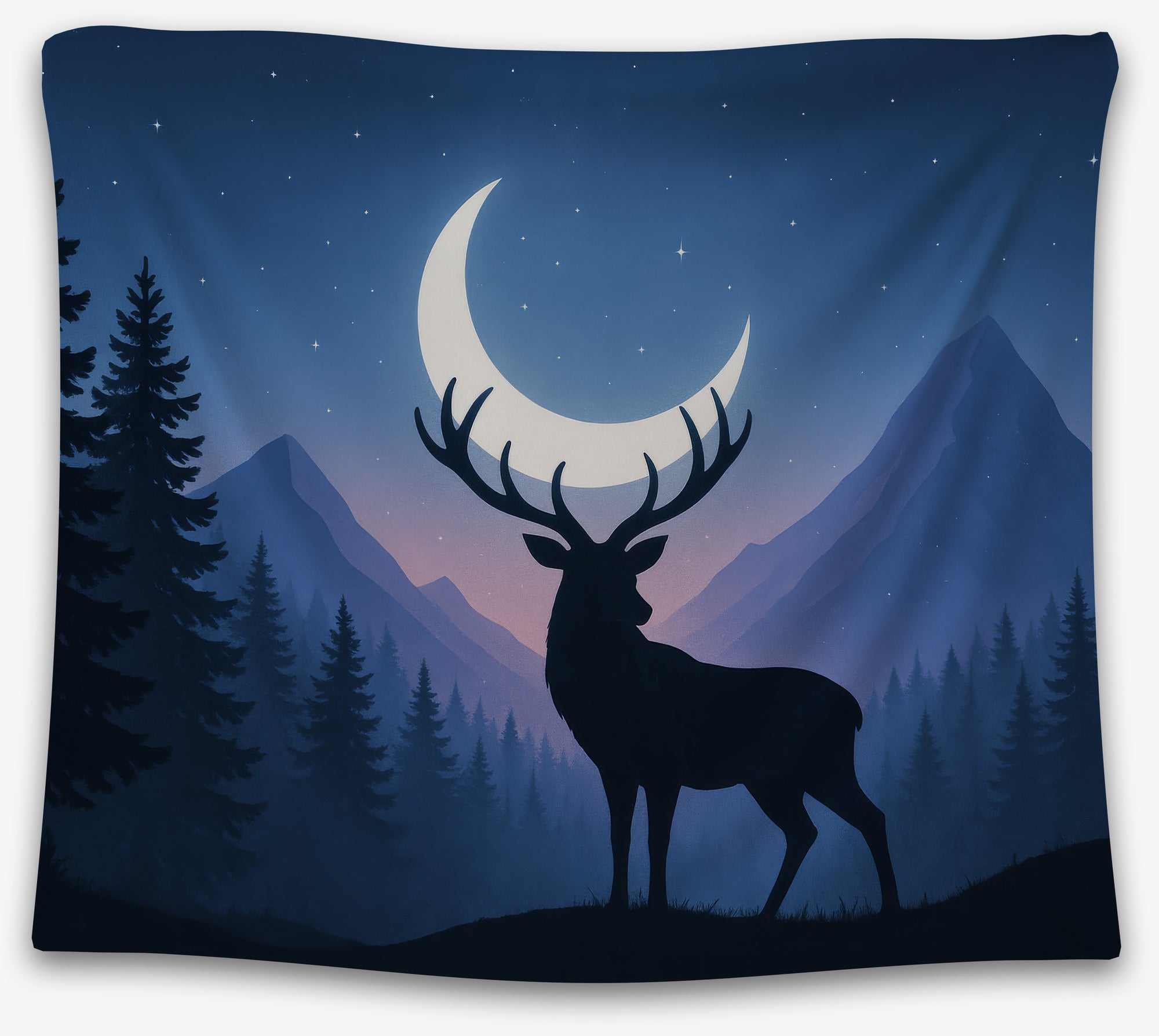Deer silhouette tapestry with crescent moon and starlit mountain sky, perfect night forest dorm tapestry or celestial wall hanging by CollegeWares.