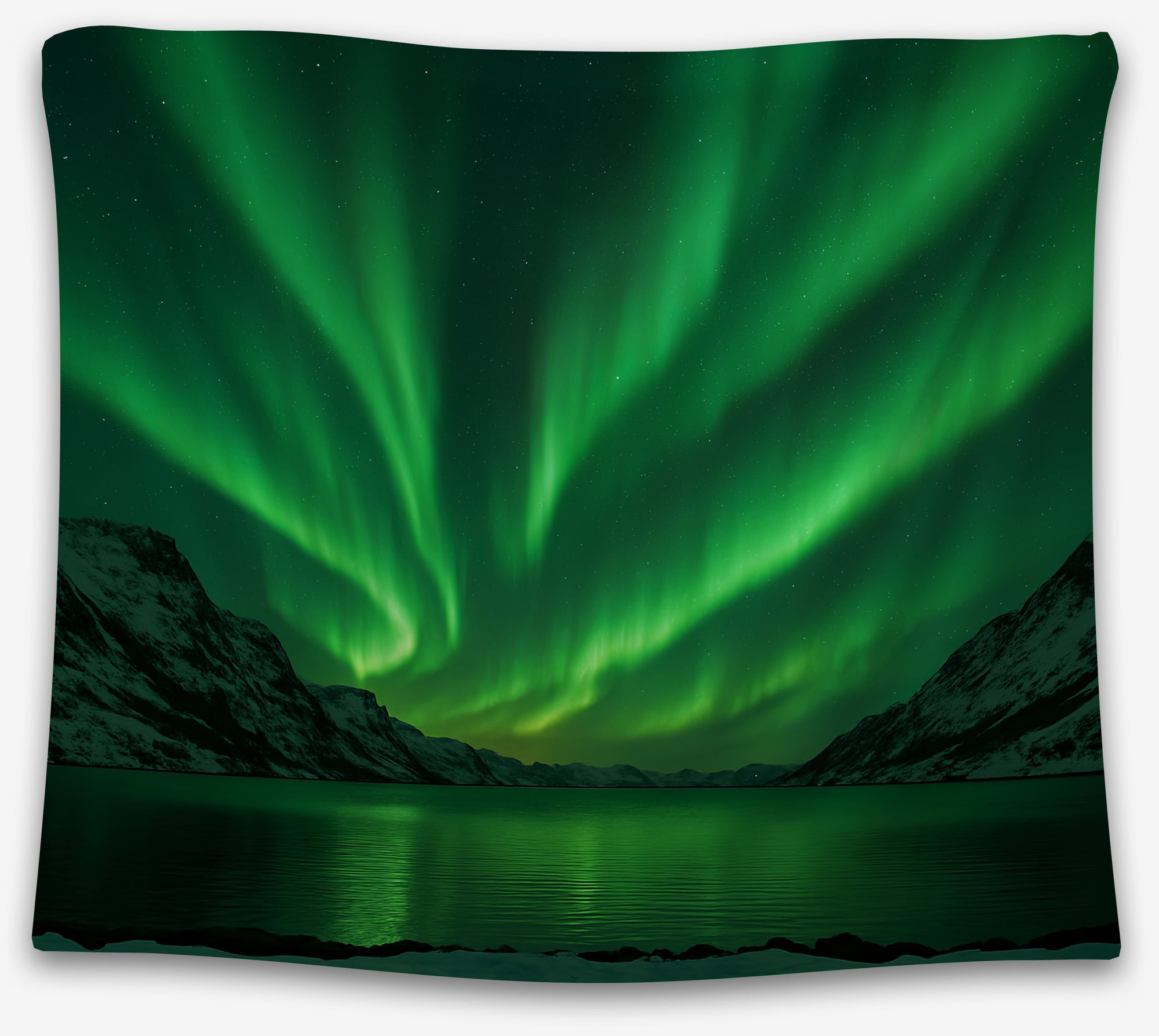 Green aurora borealis tapestry over snowy mountains and a frozen lake, perfect northern lights dorm tapestry or cosmic wall hanging by CollegeWares.