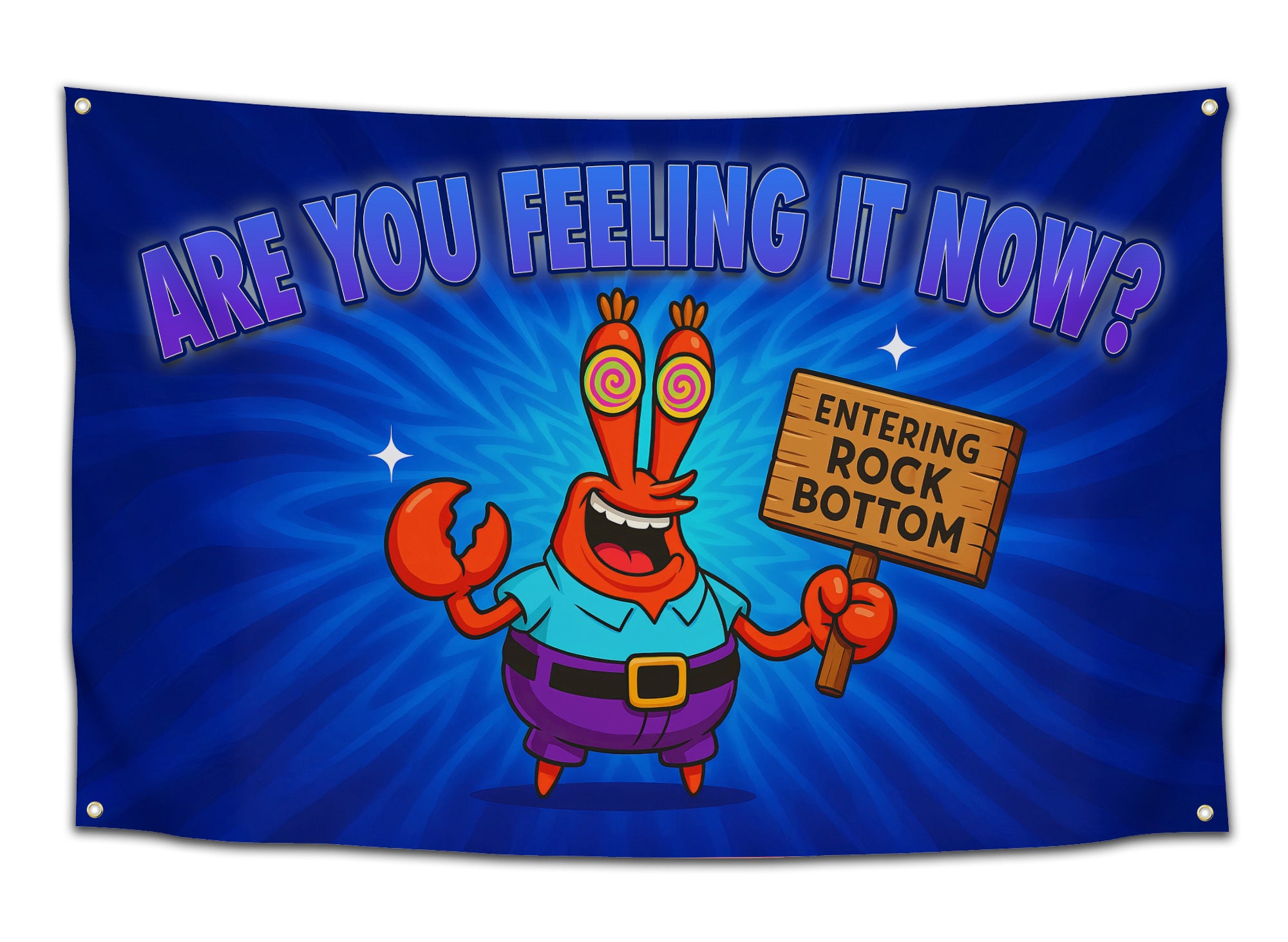 Blue psychedelic flag with a cartoon crab holding a “Entering Rock Bottom” sign and text reading “Are You Feeling It Now?” — funny rave and stoner dorm flag for meme lovers from CollegeWares.