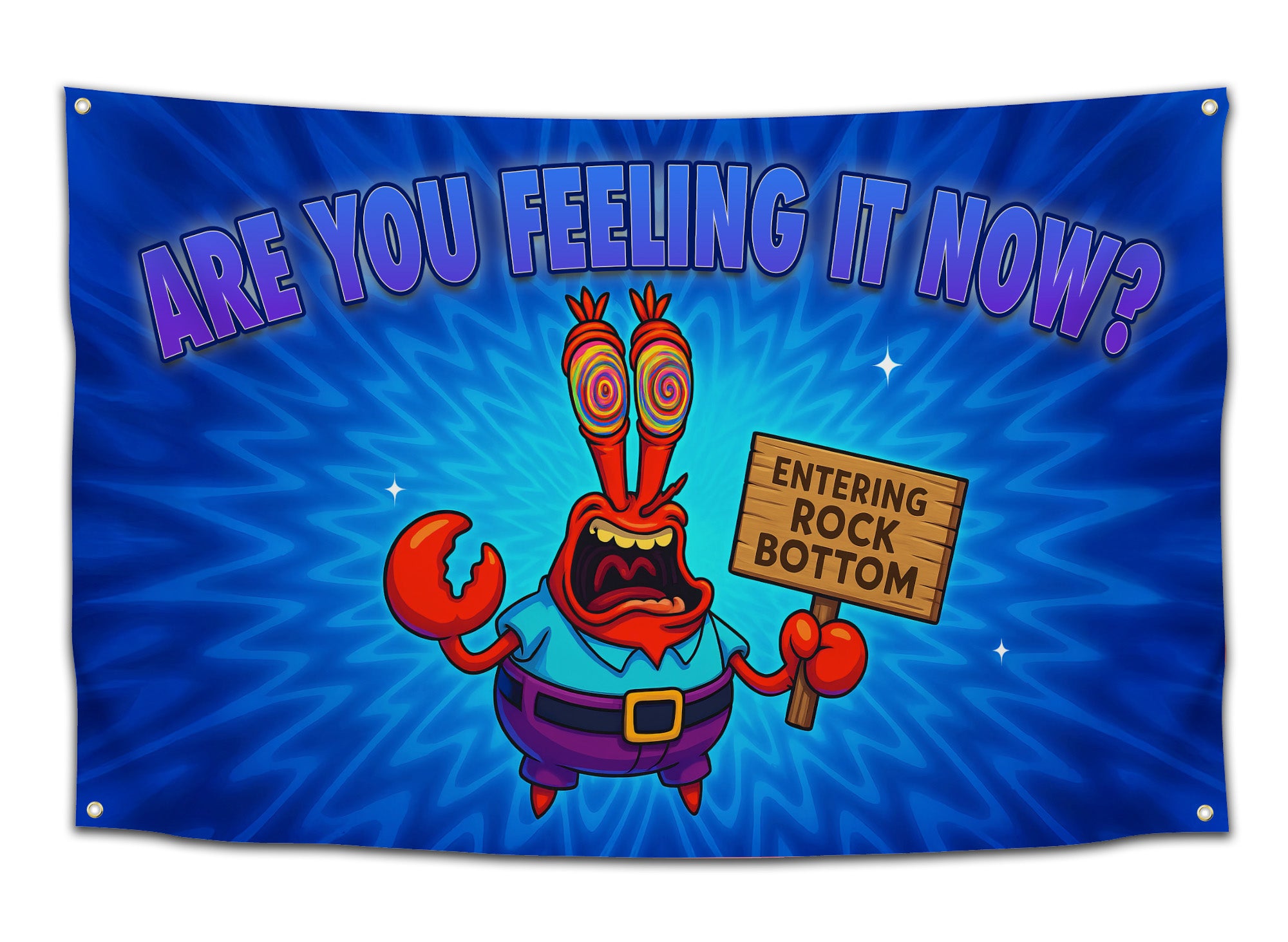 Blue psychedelic flag with a cartoon crab holding a “Entering Rock Bottom” sign and text reading “Are You Feeling It Now?” — funny rave and stoner dorm flag for meme lovers from CollegeWares.