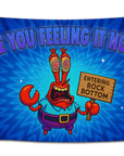 Blue psychedelic flag with a cartoon crab holding a “Entering Rock Bottom” sign and text reading “Are You Feeling It Now?” — funny rave and stoner dorm flag for meme lovers from CollegeWares.