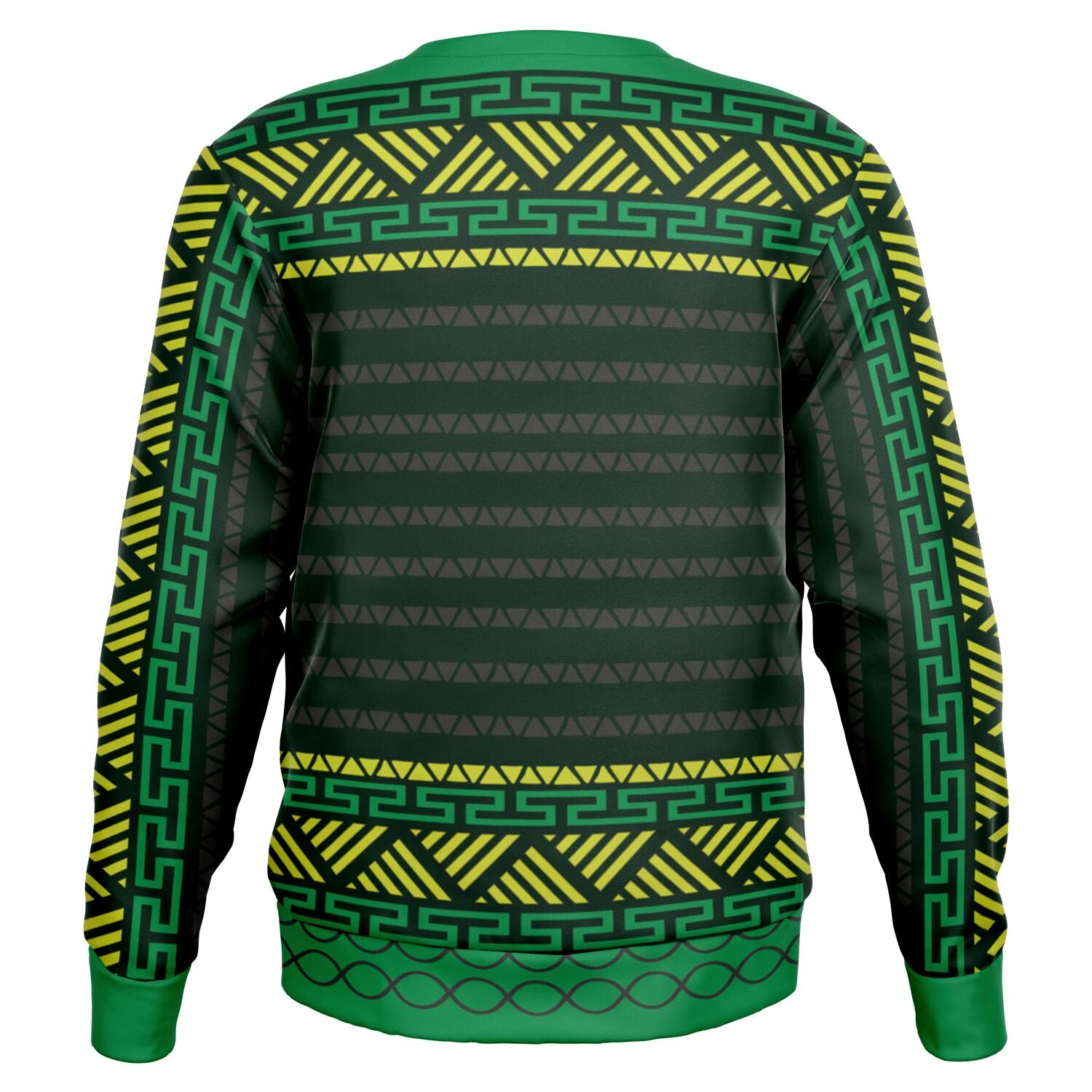 Back of green and black ugly Christmas sweater with yellow stripes and triangle patterns — festive geometric print from CollegeWares.
