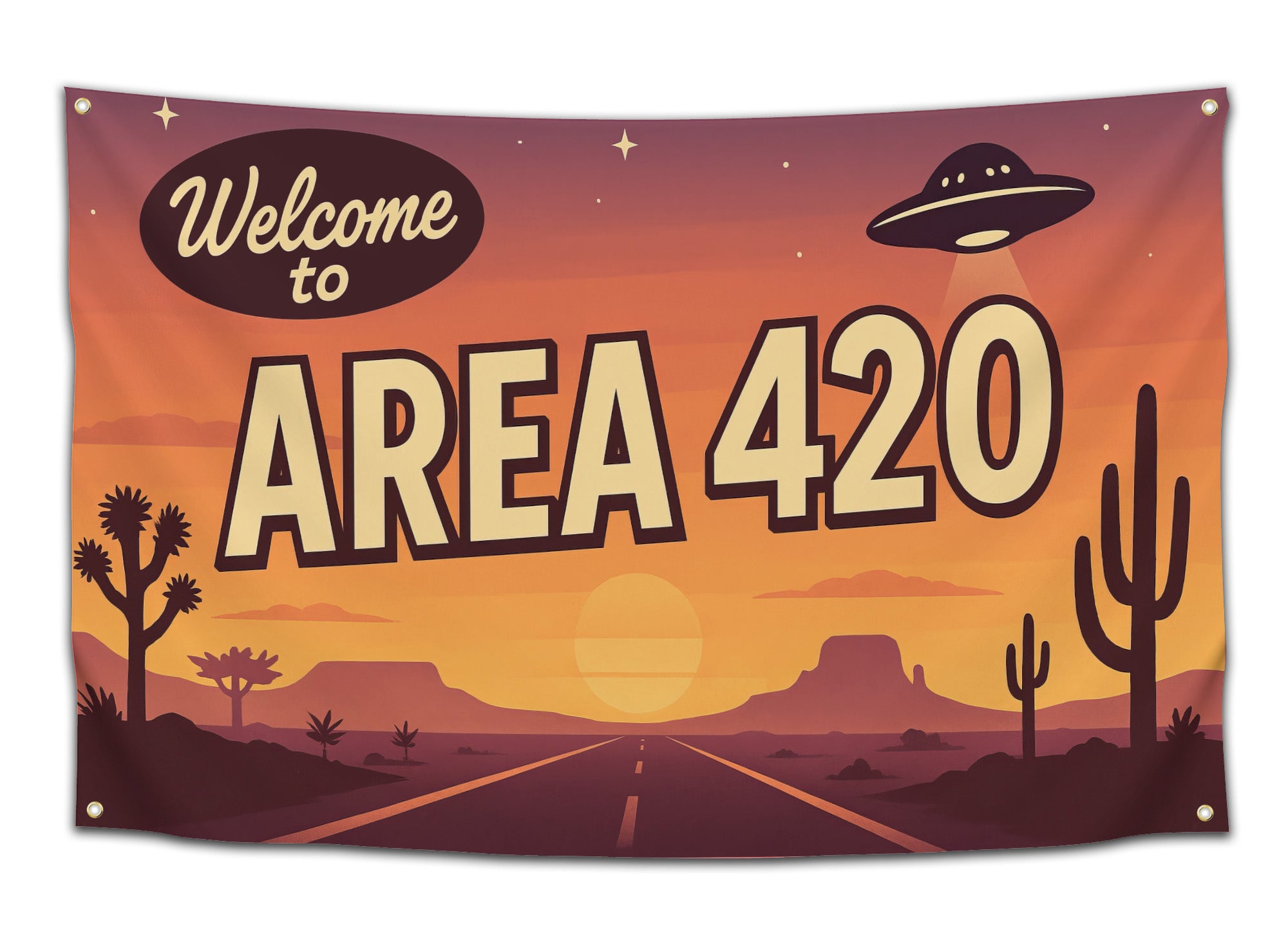 Sunset desert “Welcome to Area 420” flag featuring UFO, road to horizon, cacti silhouettes, and warm orange sky — stoner alien desert theme wall flag by CollegeWares.