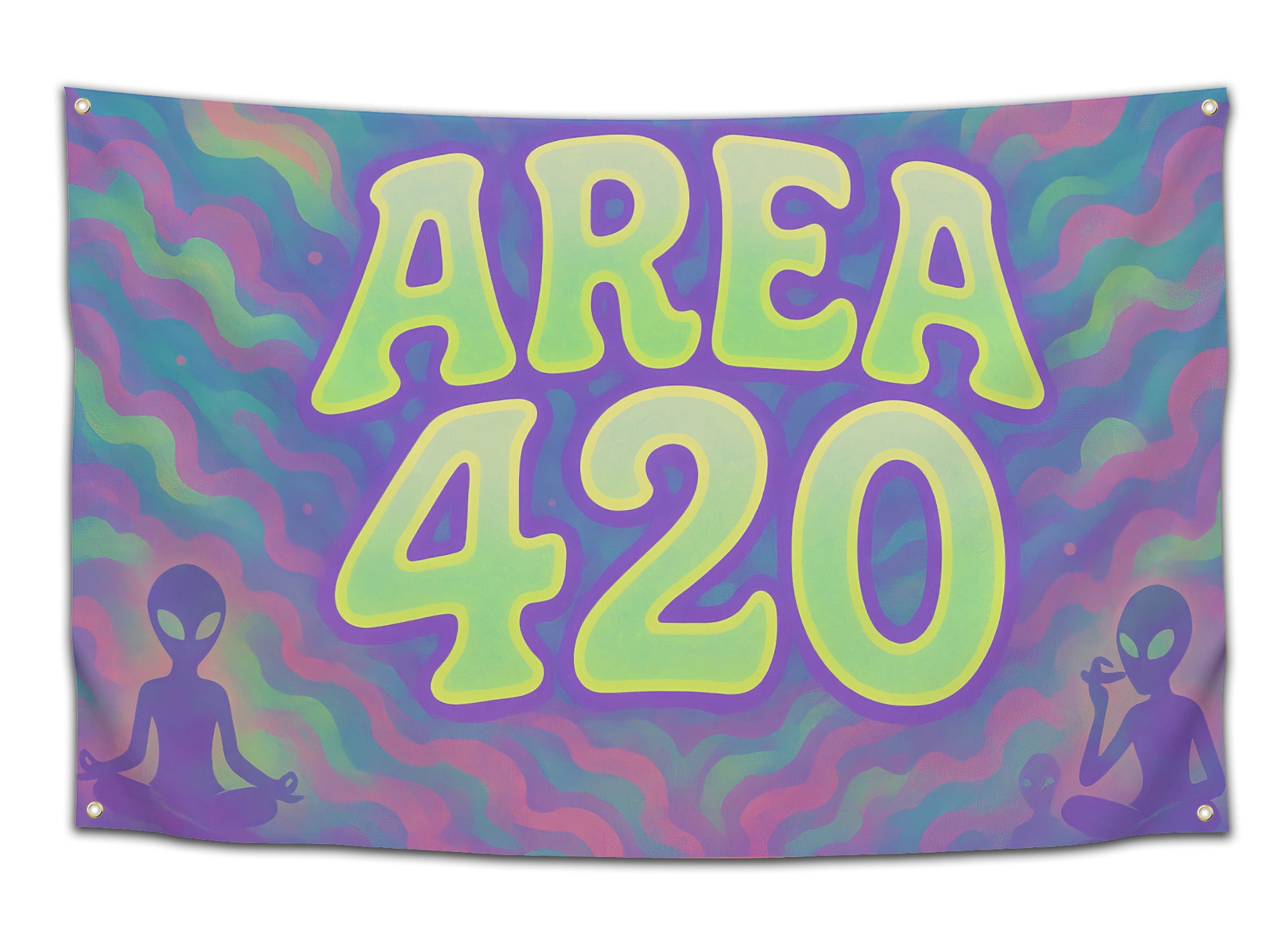 Psychedelic “Area 420” flag with neon green letters, purple-green wavy background, and meditating aliens — trippy dorm and festival wall decor by CollegeWares.