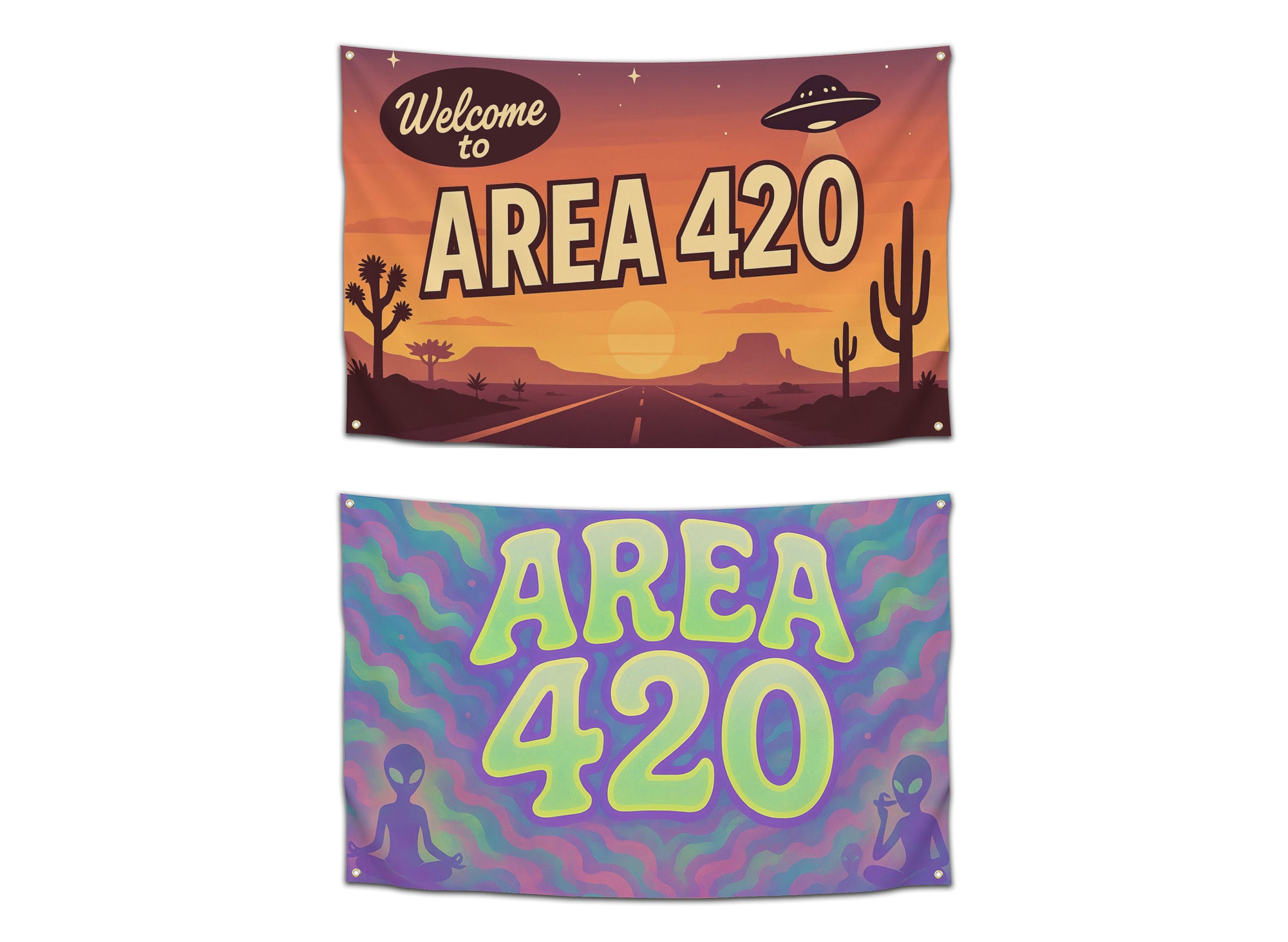 Two “Area 420” flags displayed together — one desert sunset UFO design and one trippy alien meditation version, shown stacked for comparison on a white background.