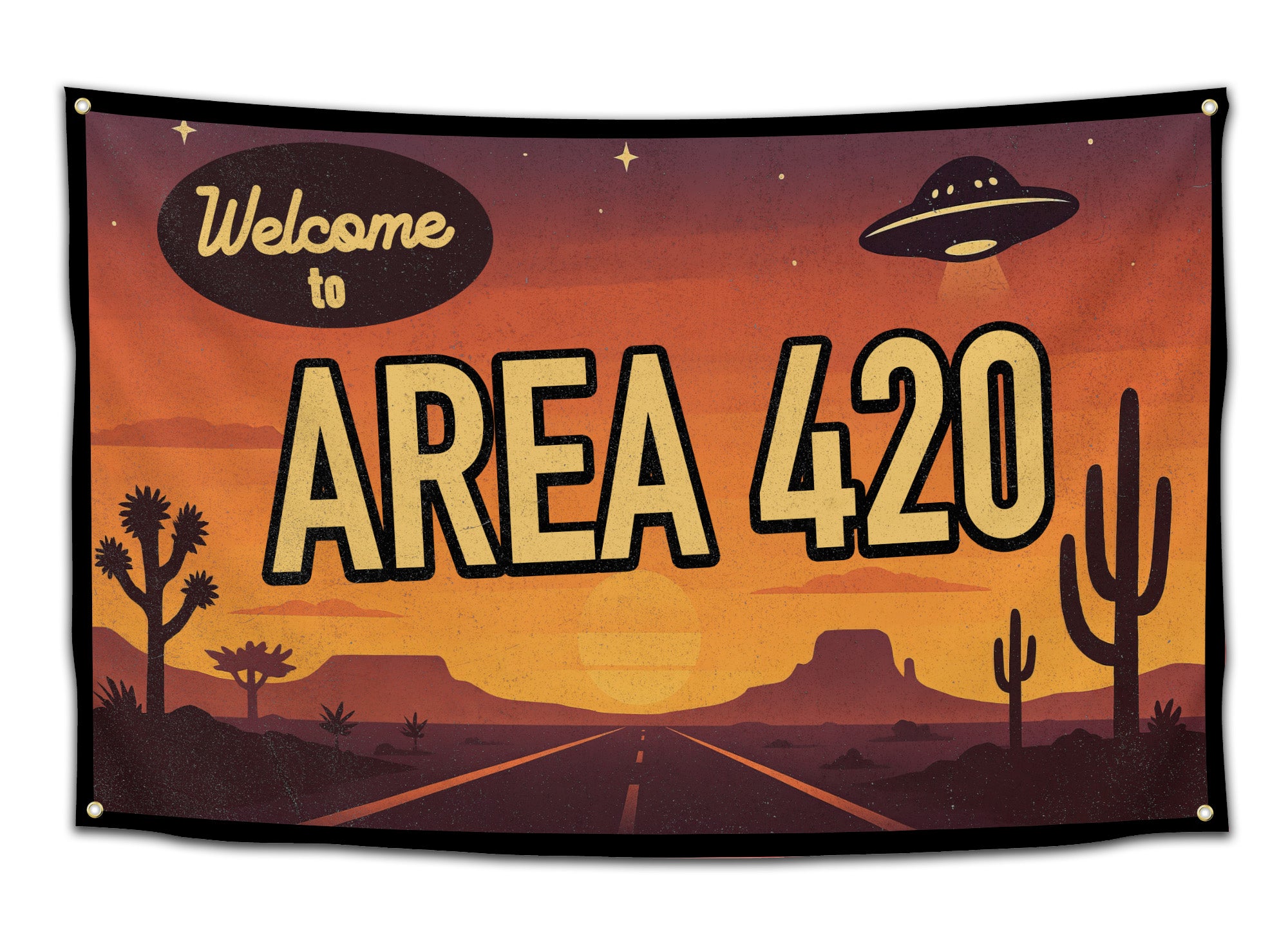 Sunset desert “Welcome to Area 420” flag featuring UFO, road to horizon, cacti silhouettes, and warm orange sky — stoner alien desert theme wall flag by CollegeWares.