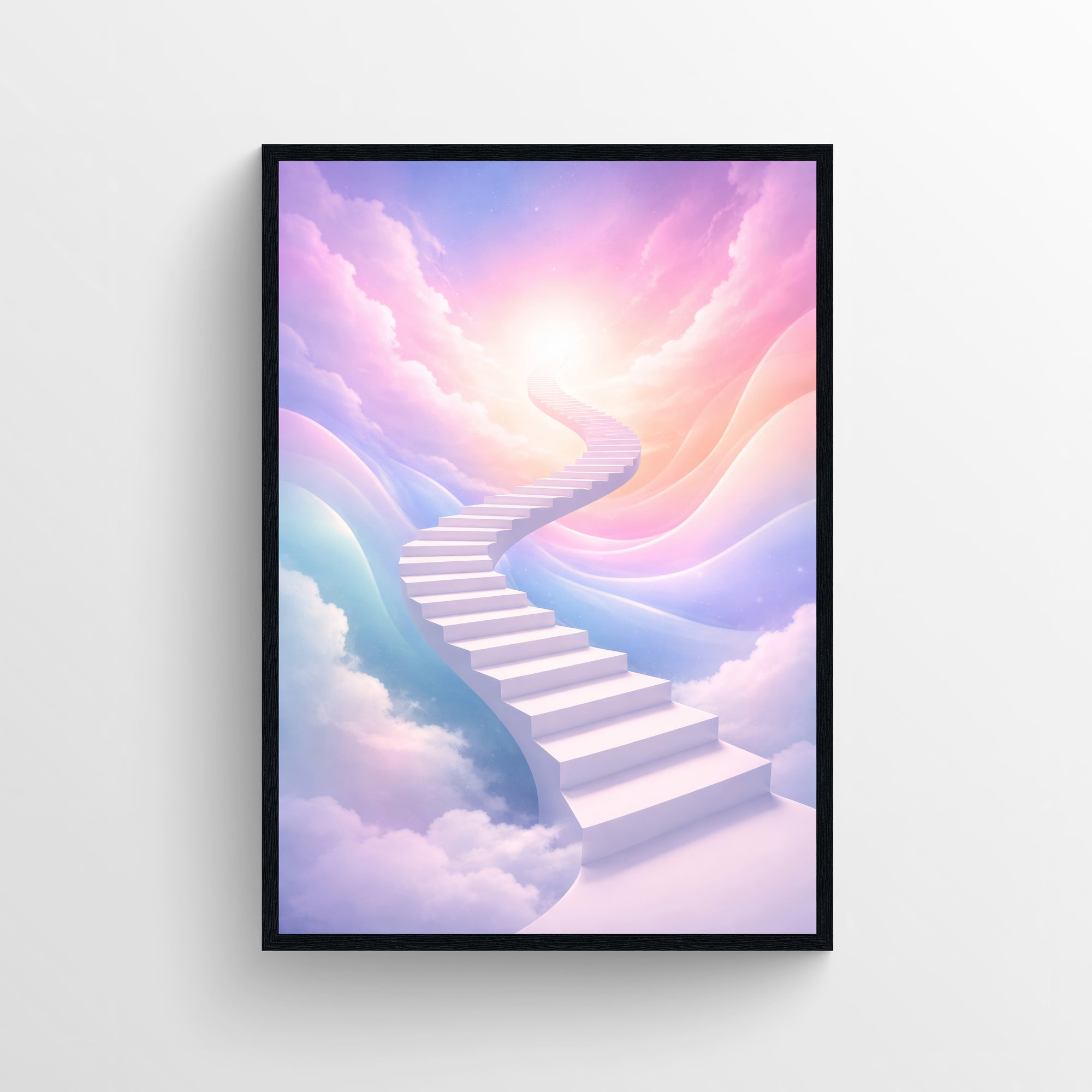Trippy wall poster featuring a floating white staircase ascending through pastel clouds with soft pink and blue gradients — modern aesthetic room decor for college rooms, apartments, and creative studios by CollegeWares.