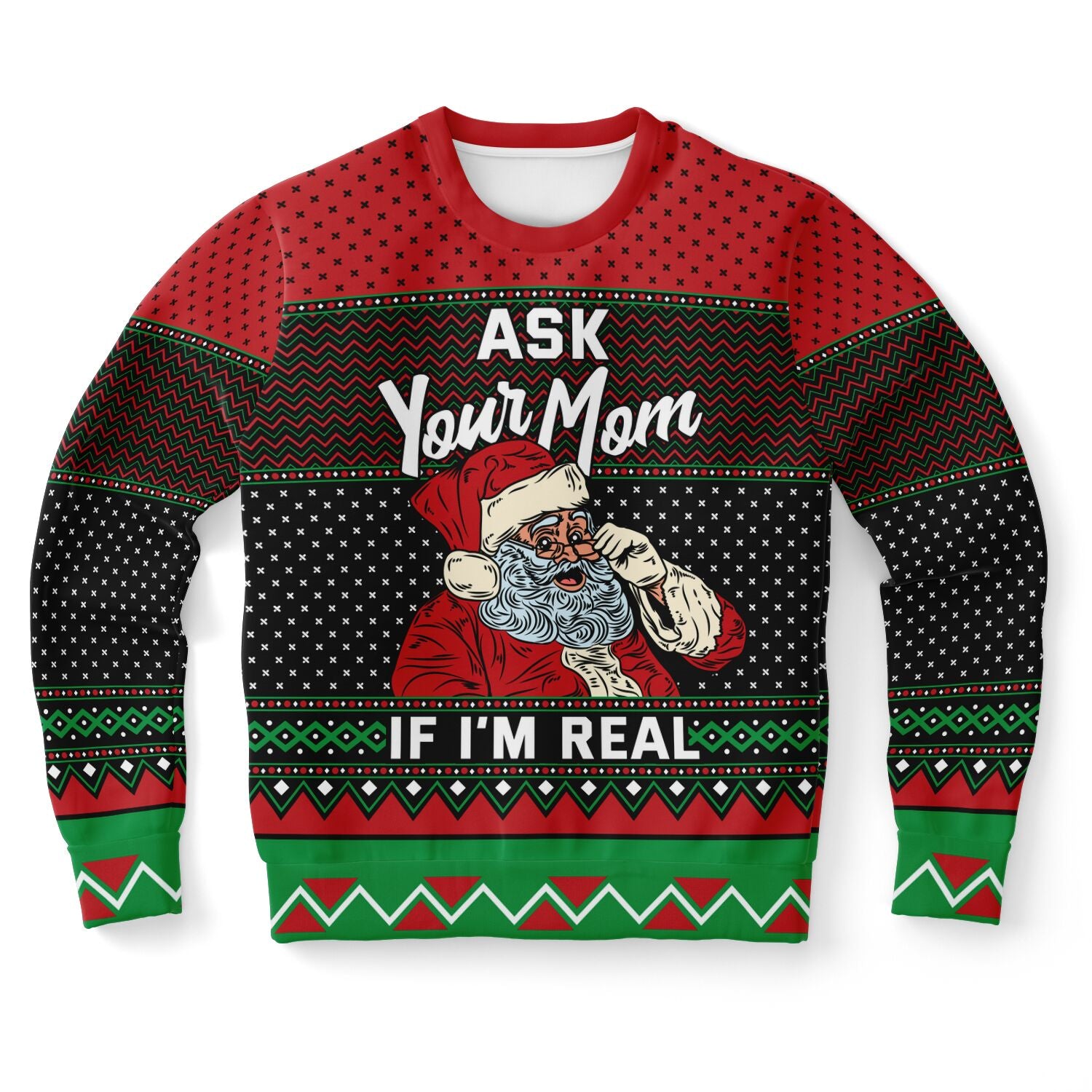 Red and black Christmas sweater with Santa winking and the text “Ask Your Mom If I’m Real” — funny adult holiday sweater from CollegeWares.