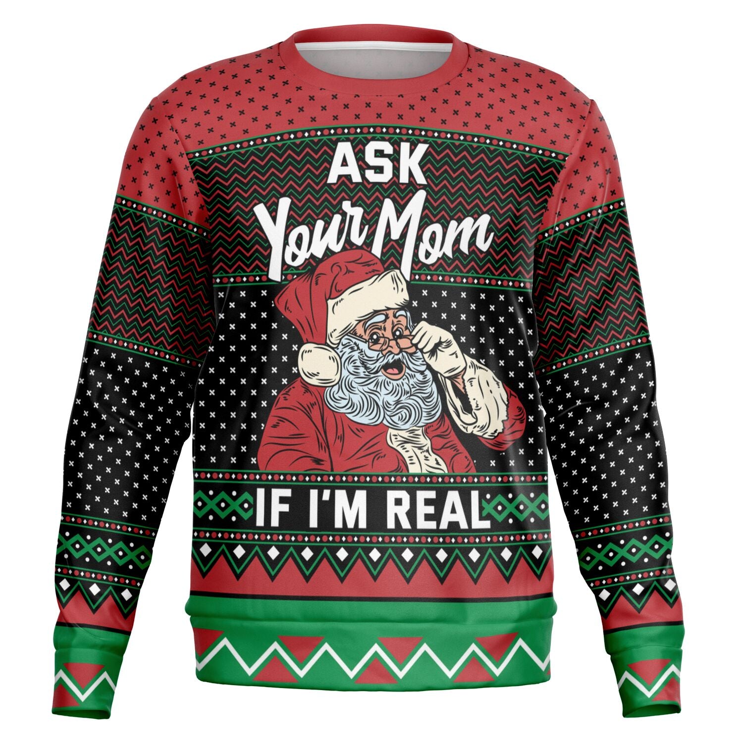 Red and black Christmas sweater with Santa winking and the text “Ask Your Mom If I’m Real” — funny adult holiday sweater from CollegeWares.