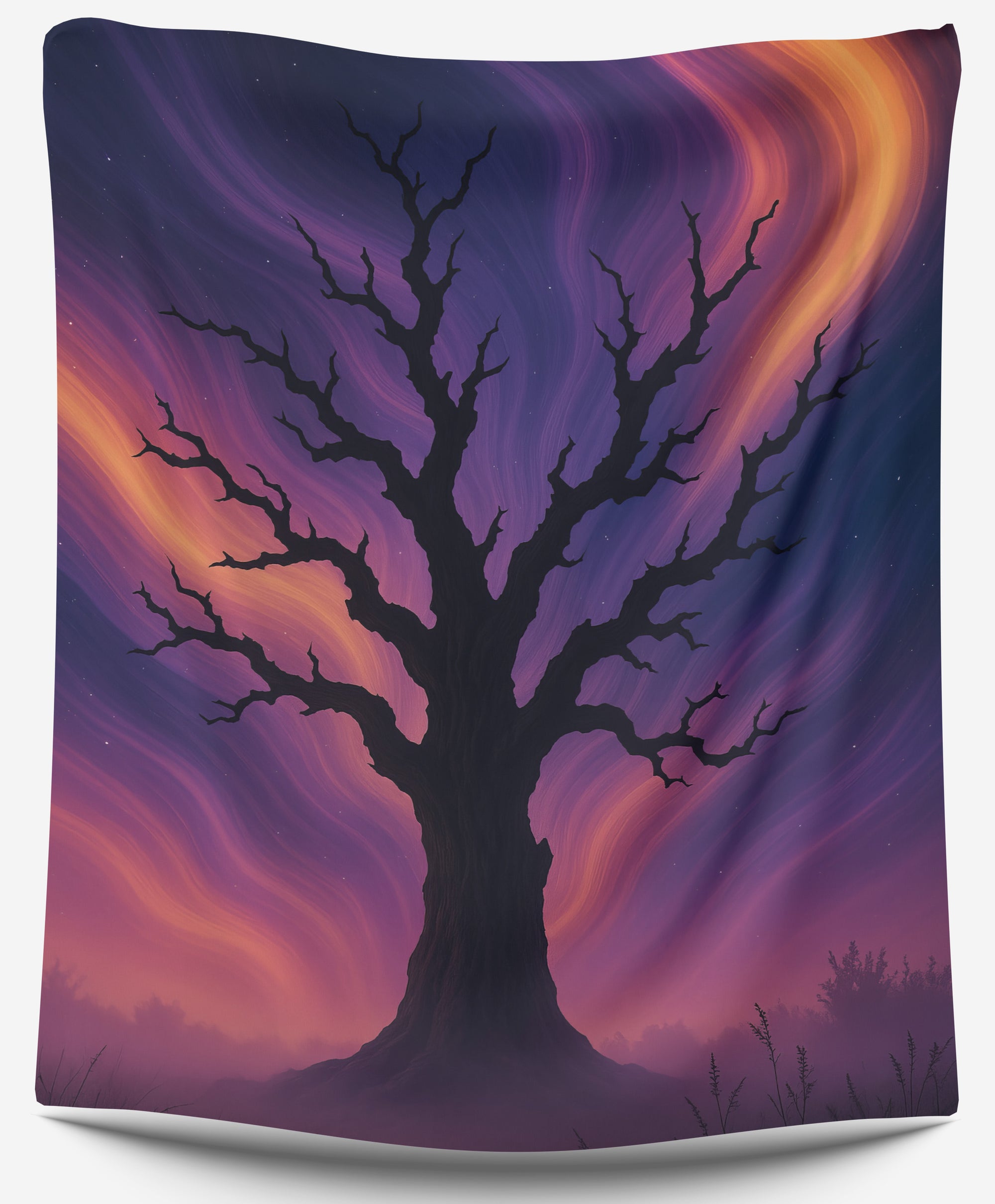 Cosmic tree tapestry with vibrant purple and orange galaxy sky, surreal nature wall hanging for bedroom or dorm by CollegeWares.