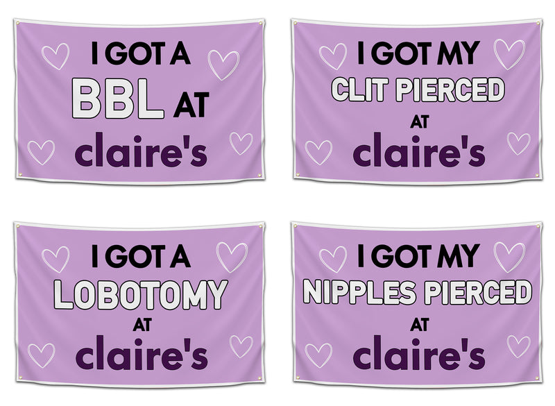 Four purple flags with humorous text about body modifications at Claire's, featuring white hearts.