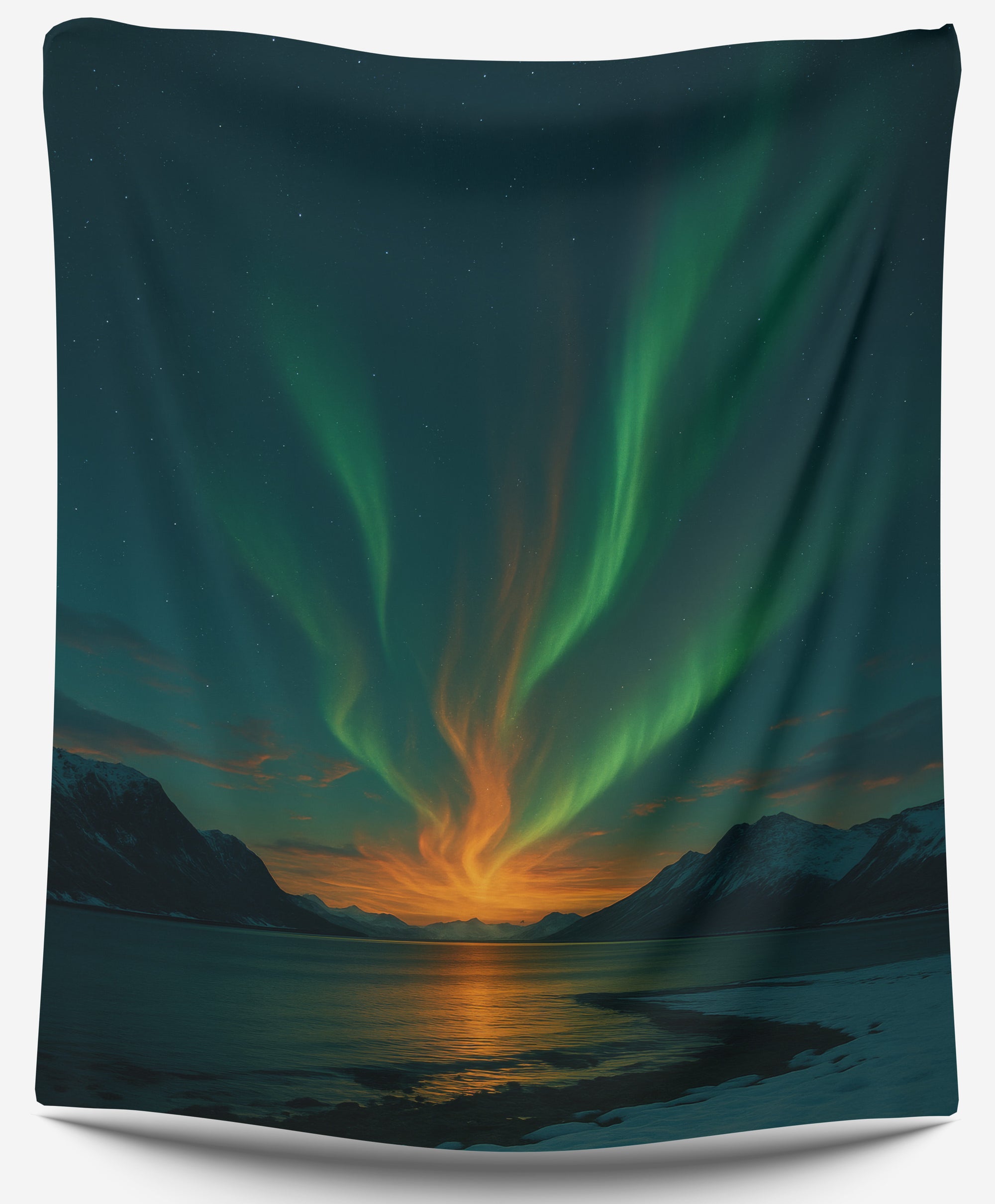 Aurora borealis over snowy mountains and sunset reflection tapestry, northern lights wall art by CollegeWares.
