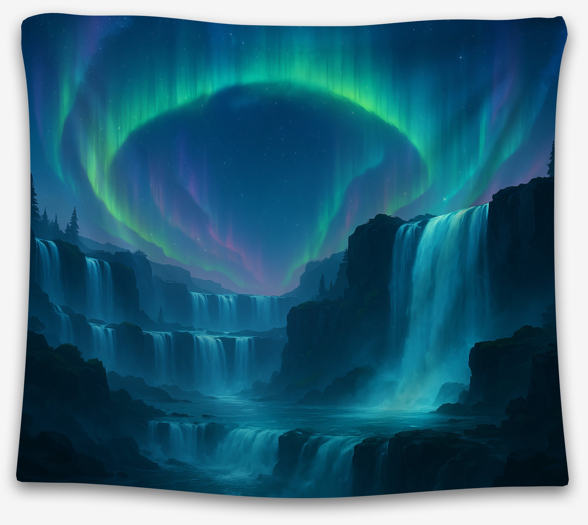Aurora borealis tapestry with glowing waterfalls and night sky, perfect nature and celestial wall art for dorm decor by CollegeWares.