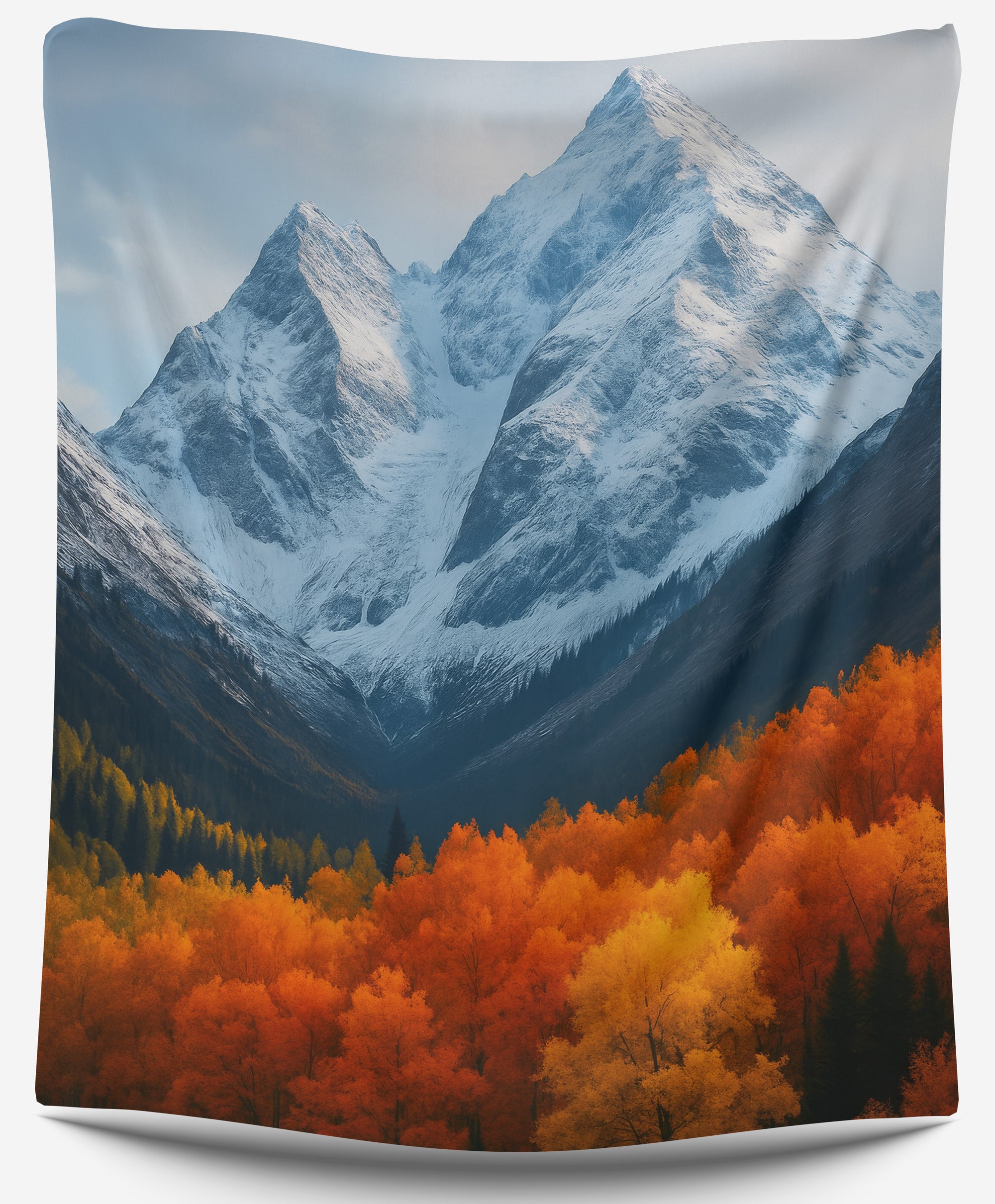 Snow mountain tapestry with autumn forest below, scenic landscape wall hanging by CollegeWares.