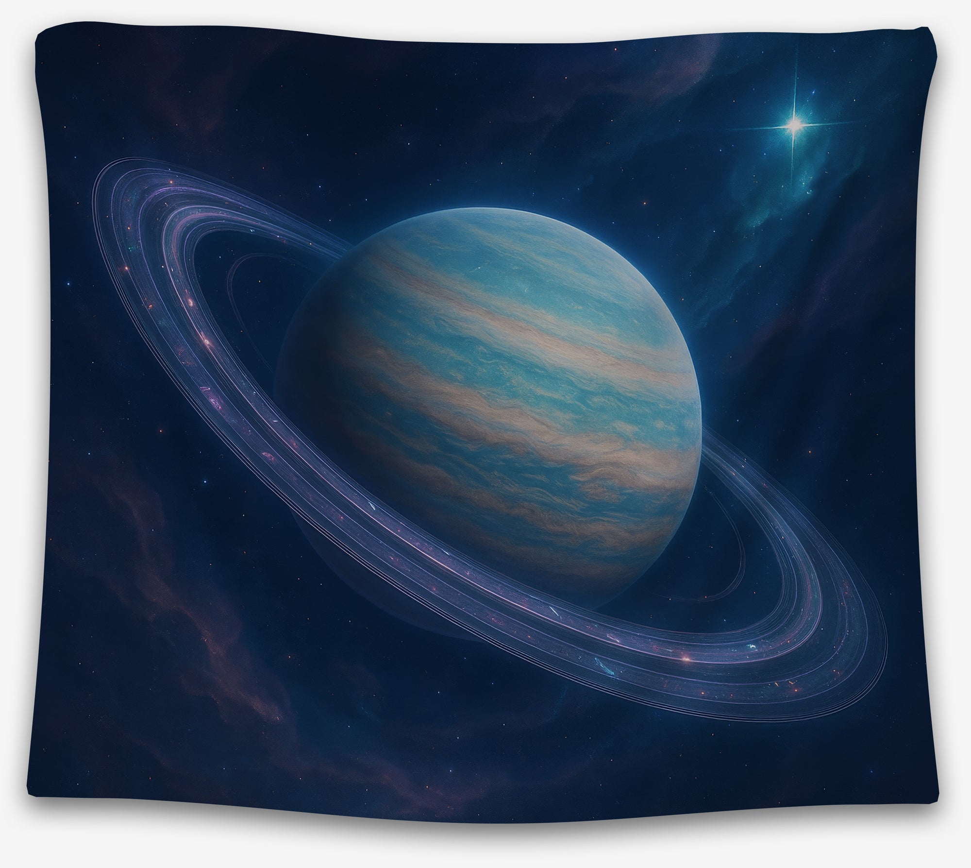 Blue planet tapestry with glowing violet rings and distant stars, perfect space dorm tapestry or galaxy wall hanging by CollegeWares.