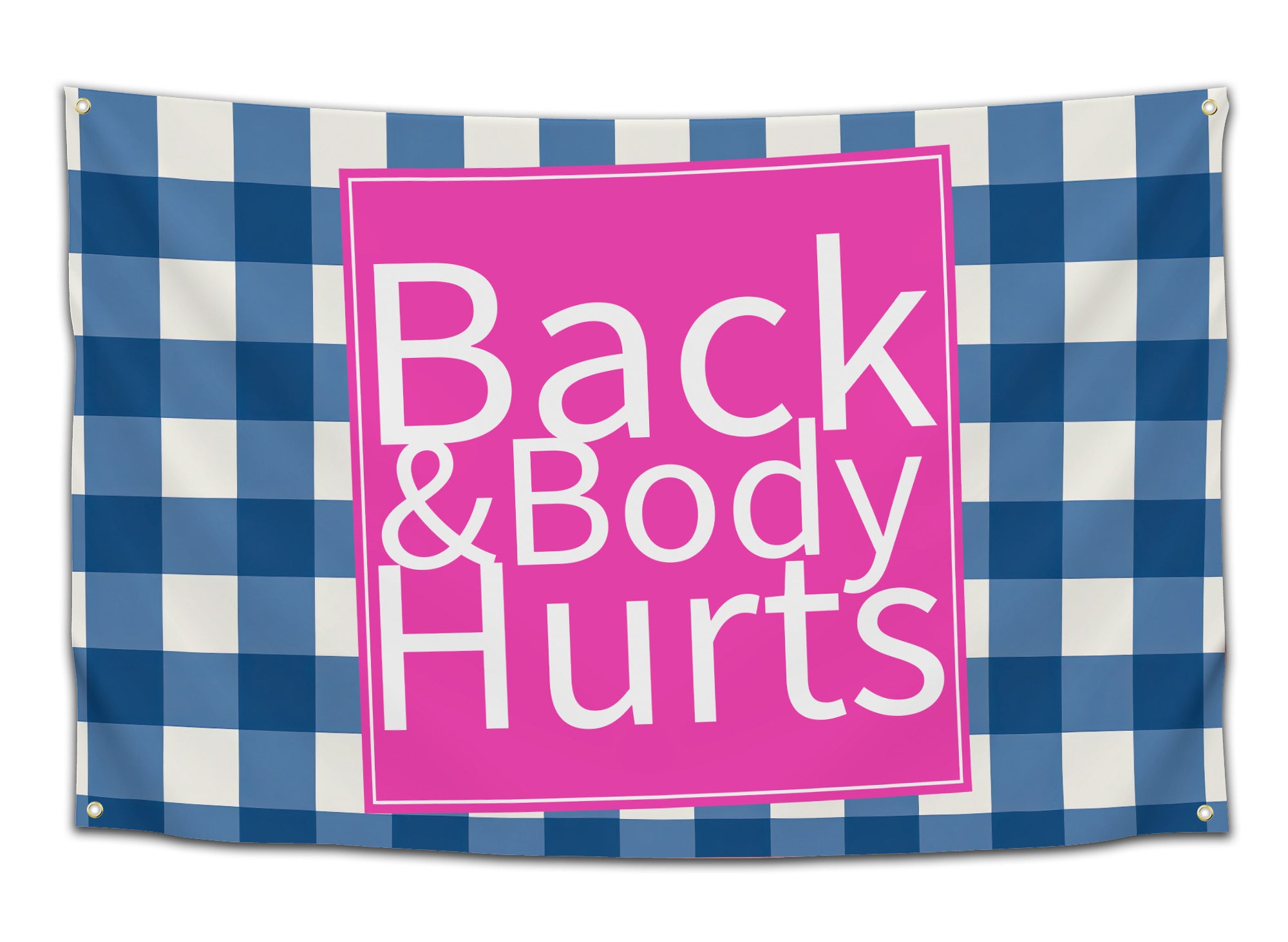 Funny “Back & Body Hurts” flag parodying a familiar store logo with pink square text box and blue-and-white checkered background — humor wall flag for college dorms or bedrooms by CollegeWares.