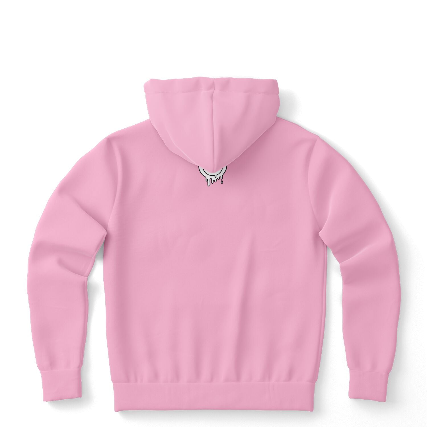 Pink hoodie with a white drippy smiley face logo placed under the back of the hood — soft color meets sassy branding from CollegeWares.