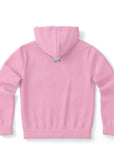 Pink hoodie with a white drippy smiley face logo placed under the back of the hood — soft color meets sassy branding from CollegeWares.