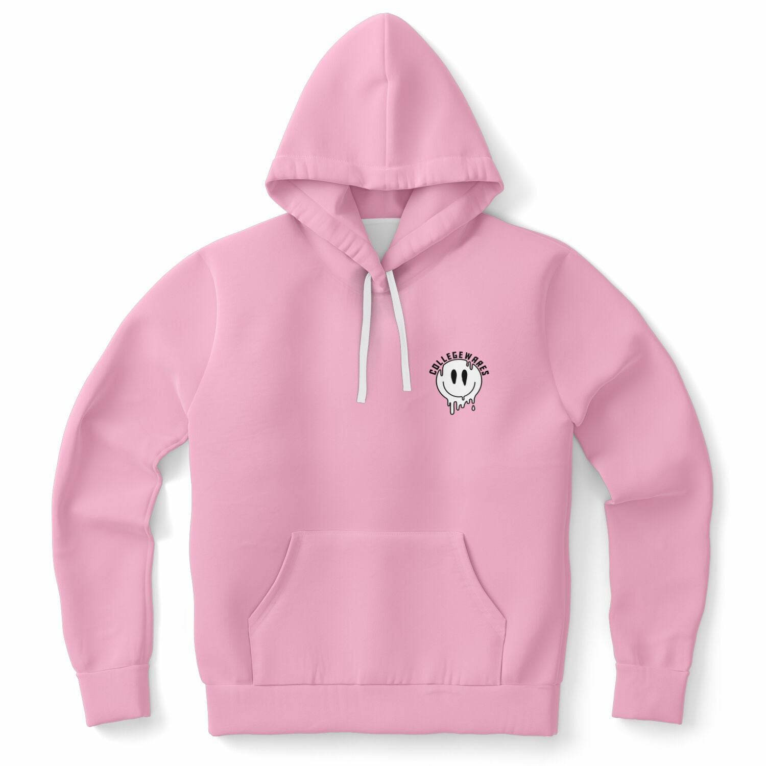 Pink hoodie with front-left CollegeWares logo featuring a melting smiley face and arched black text — soft girl meets streetwear energy from CollegeWares.