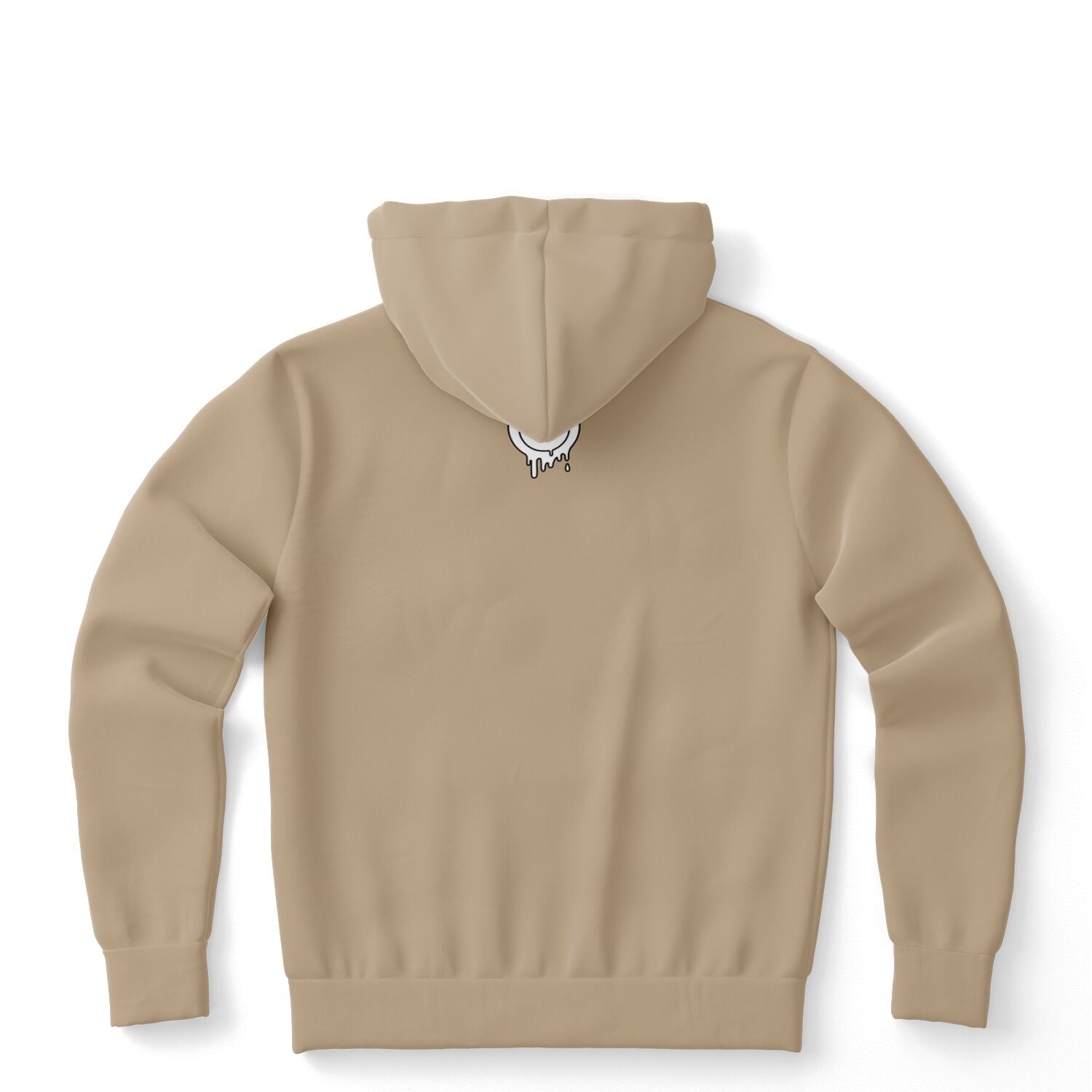 Brown hoodie showing a subtle white drip smiley logo beneath the hood seam — clean, edgy back branding from CollegeWares.