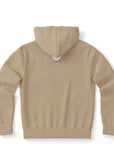 Brown hoodie showing a subtle white drip smiley logo beneath the hood seam — clean, edgy back branding from CollegeWares.