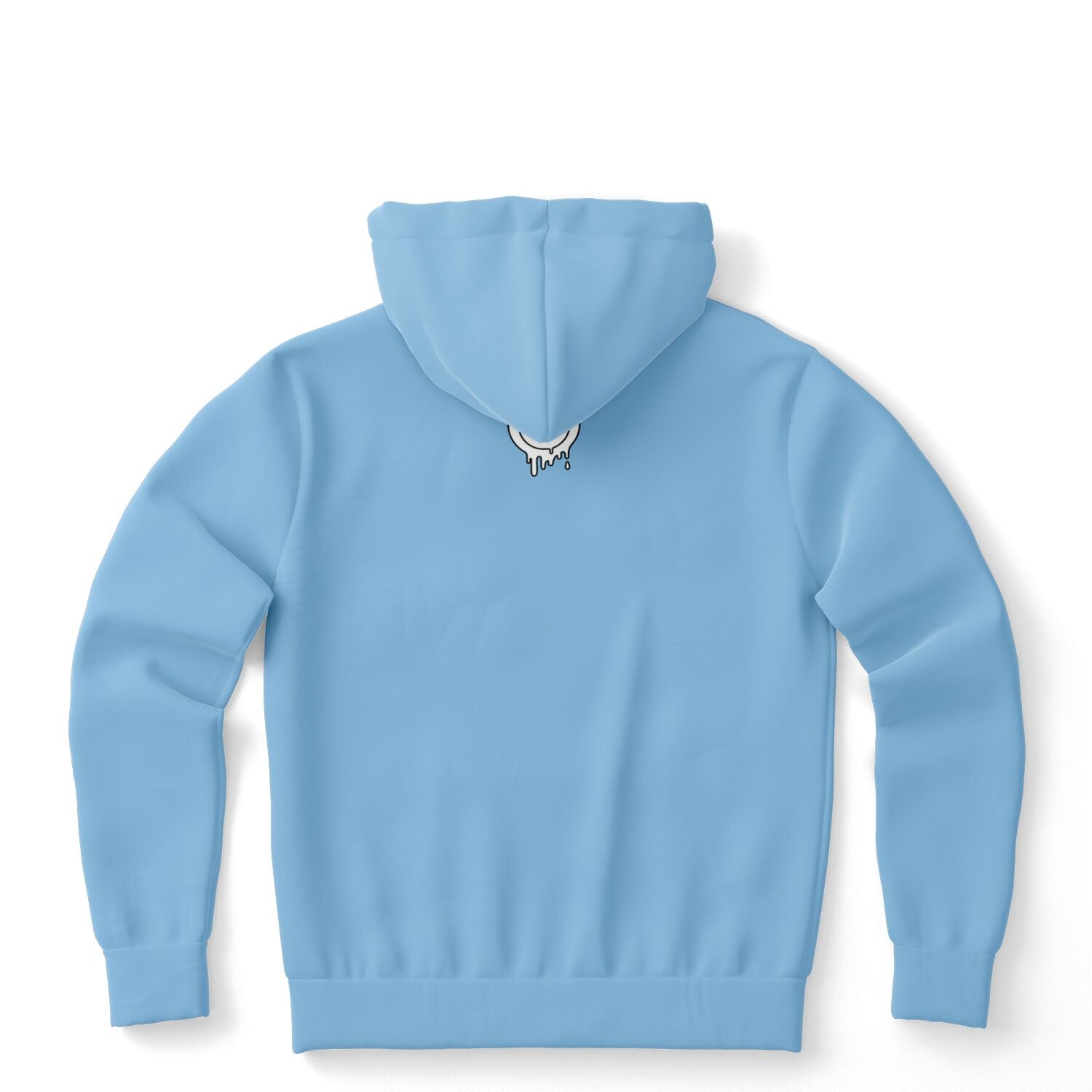 Light blue hoodie featuring a small white dripping smiley face logo centered beneath the hood — minimal but bold back detail from CollegeWares.