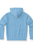 Light blue hoodie featuring a small white dripping smiley face logo centered beneath the hood — minimal but bold back detail from CollegeWares.