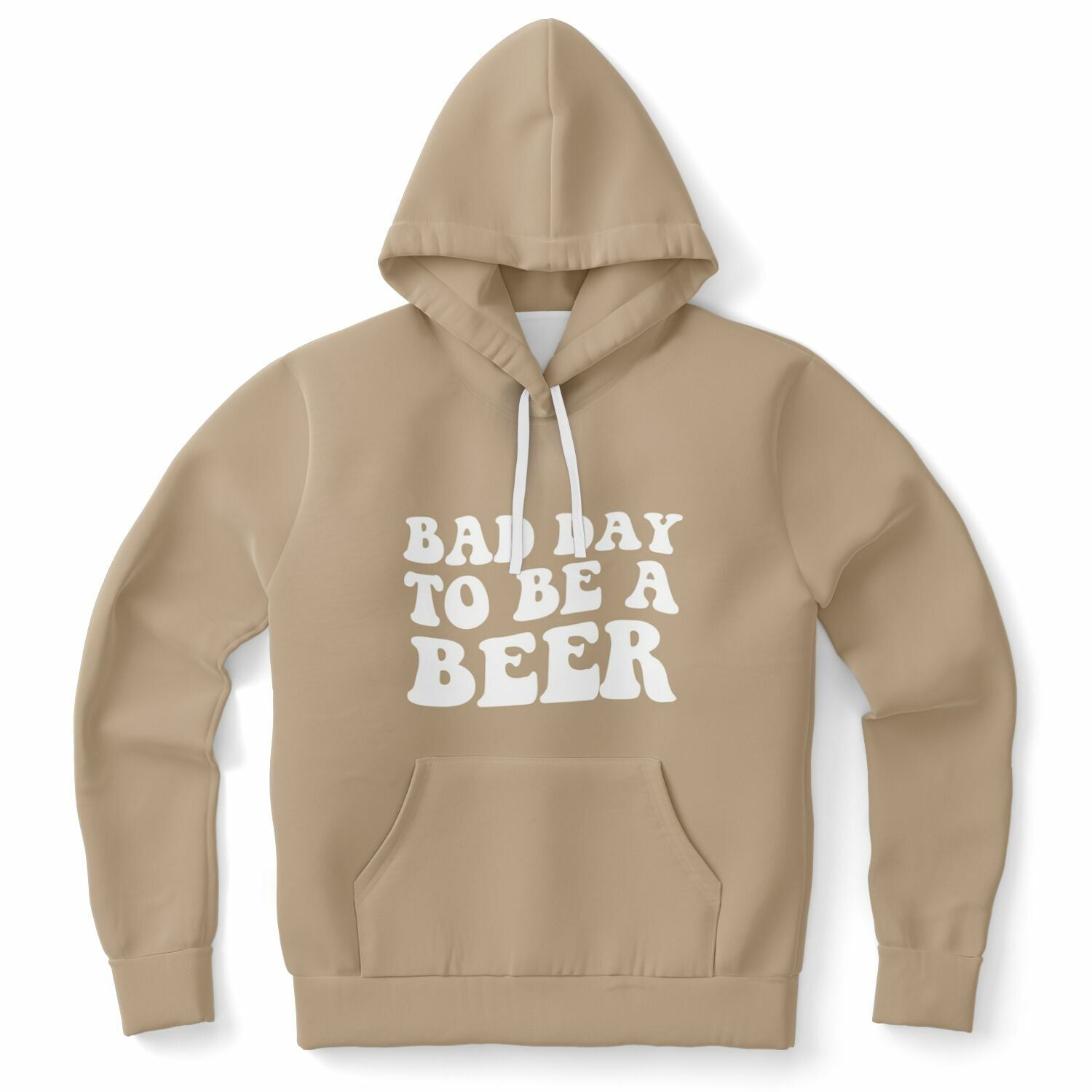 Tan brown hoodie featuring the phrase “Bad Day To Be A Beer” in thick bubble letters — tailgate-ready style from CollegeWares
