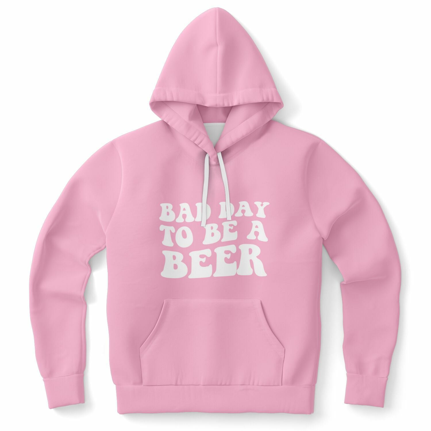 Pink hoodie with white bubbly lettering that reads “Bad Day To Be A Beer” — cheeky bar crawl energy from CollegeWares