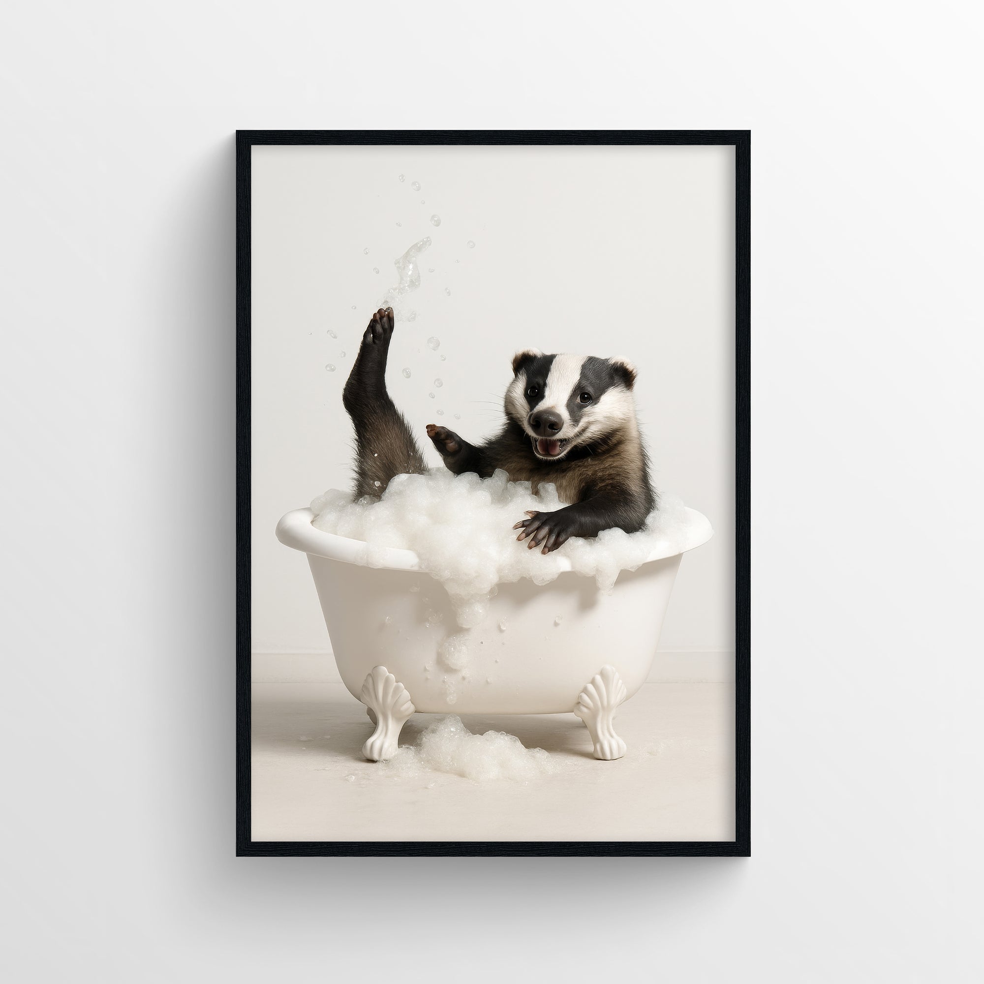 Photorealistic badger lounging in a clawfoot bathtub overflowing with bubbles in a neutral bathroom — modern bathroom wall art and subtle animal humor print for apartments and guest baths from CollegeWares.