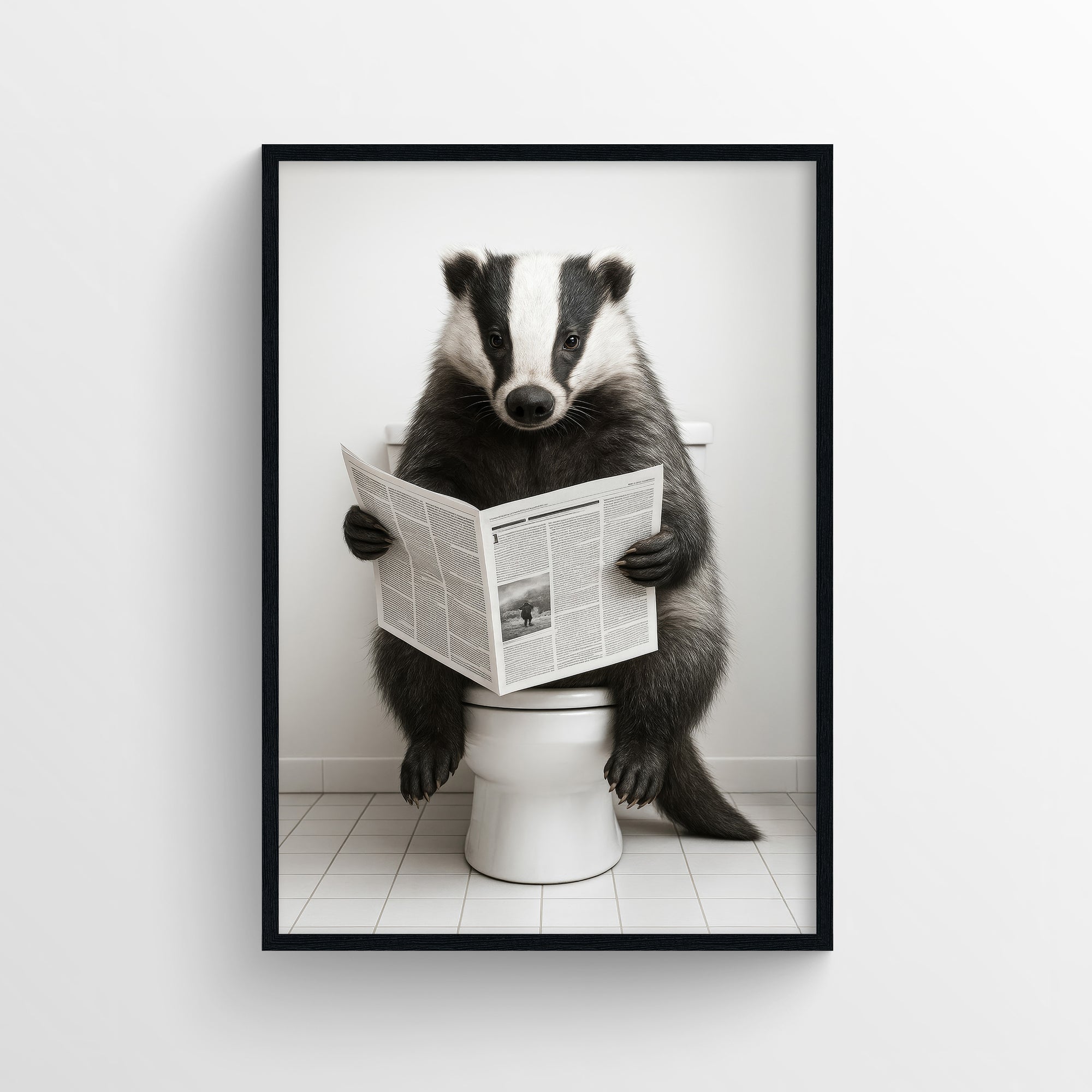 Photorealistic badger sitting on a toilet reading a newspaper in a bright, minimalist bathroom — clean animal wall print and funny bathroom poster for apartments, dorms, and rentals by CollegeWares.
