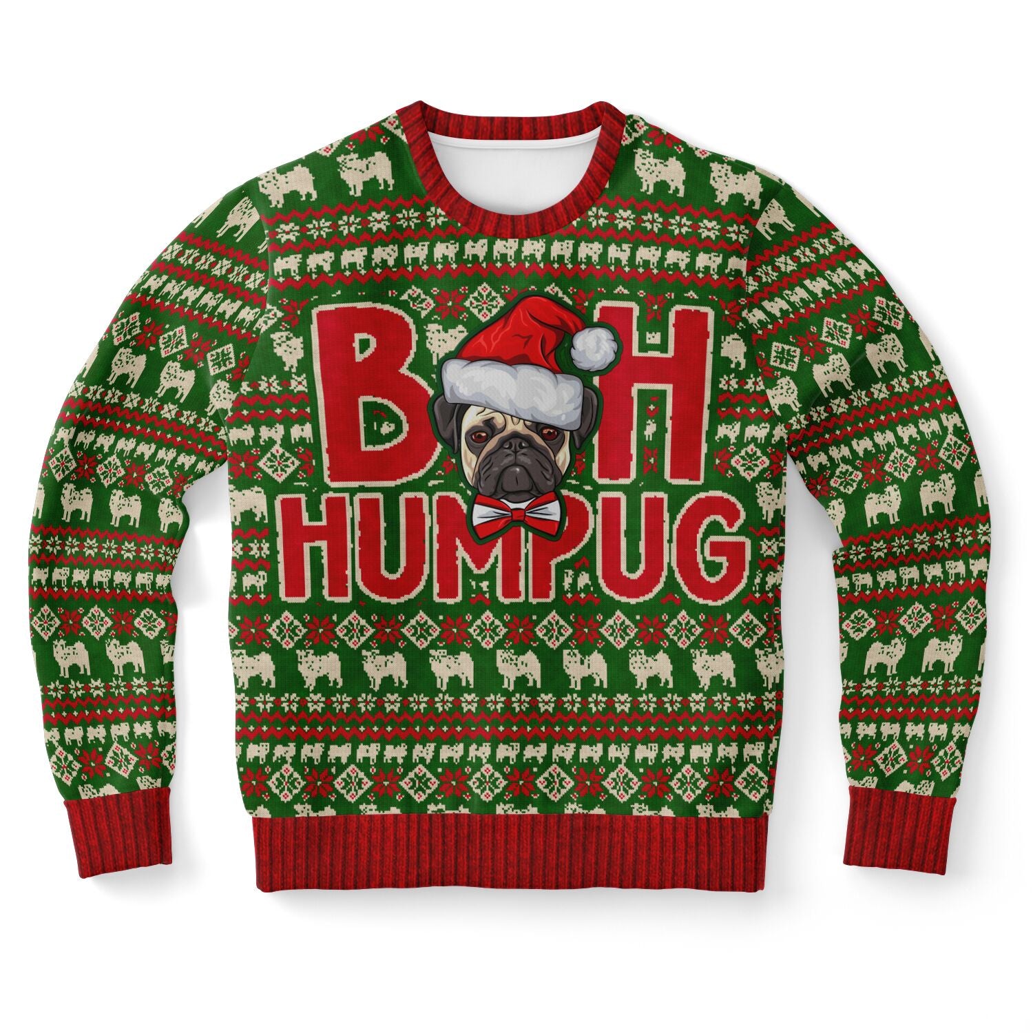 Green Christmas sweater with angry pug in Santa hat and bold red “Bah Humpug” text — funny dog lover holiday apparel from CollegeWares.