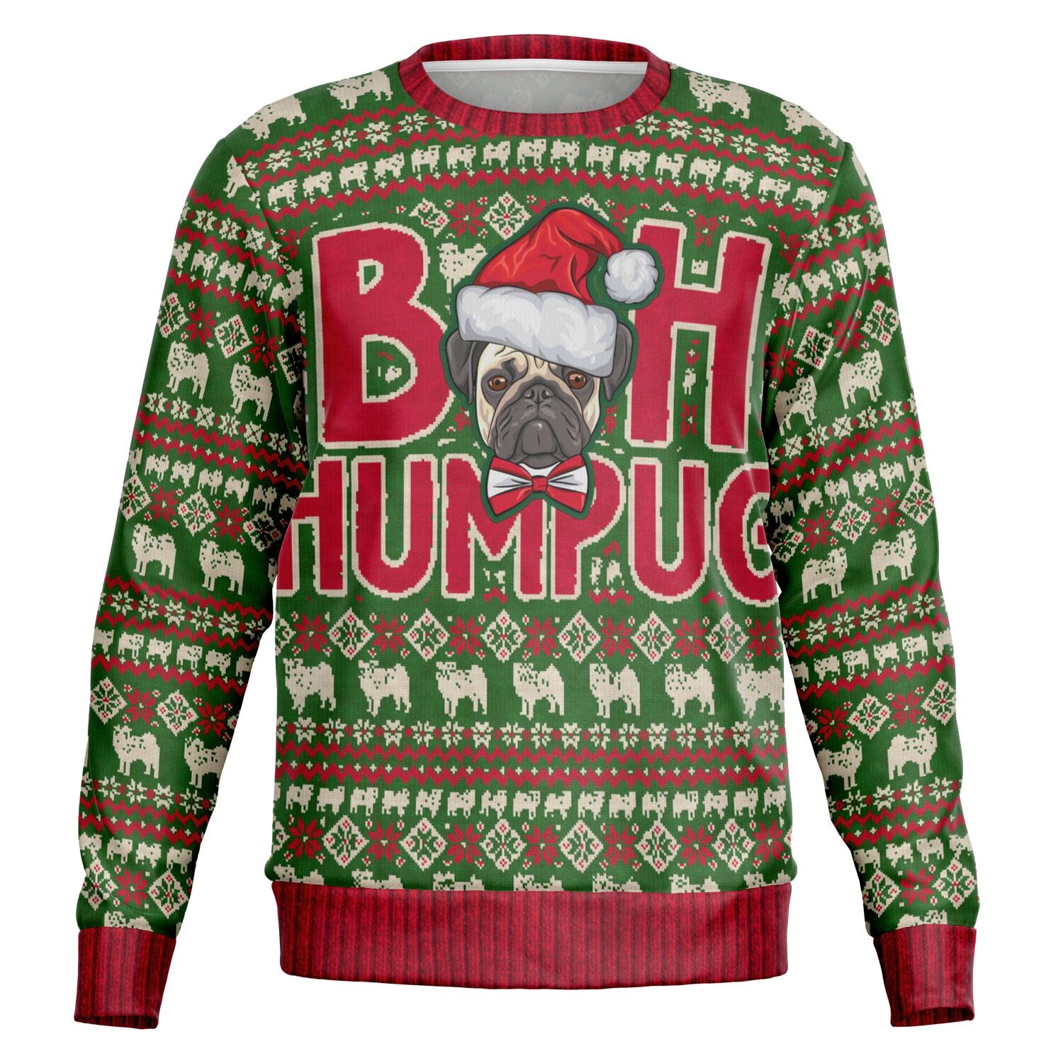 Green Christmas sweater with angry pug in Santa hat and bold red “Bah Humpug” text — funny dog lover holiday apparel from CollegeWares.