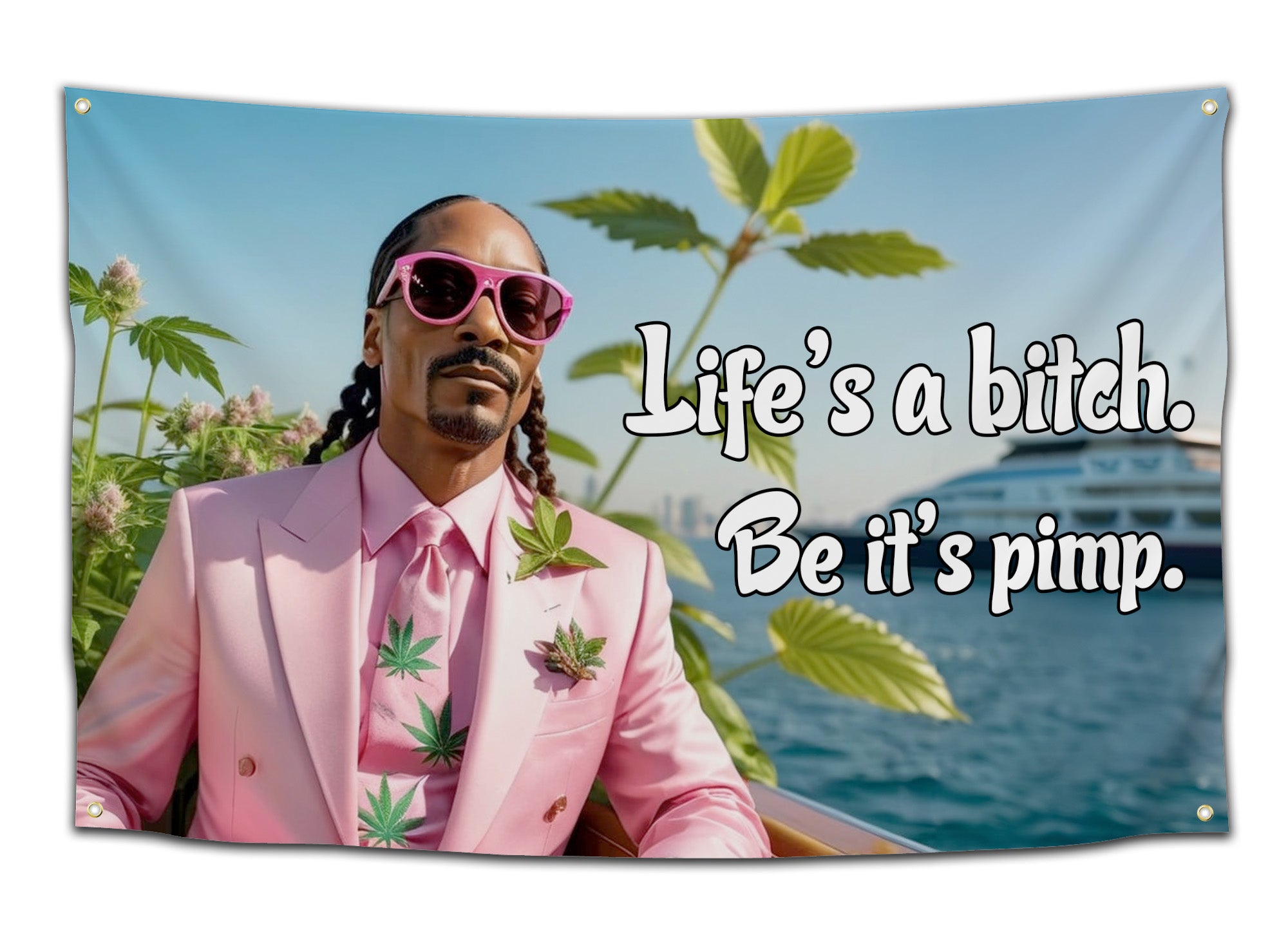Flag with a man in a pink suit and weed-print tie surrounded by cannabis plants and a yacht, next to the quote “Life’s a bitch. Be it’s pimp.” — bold stoner dorm decor for confident college partiers by CollegeWares.